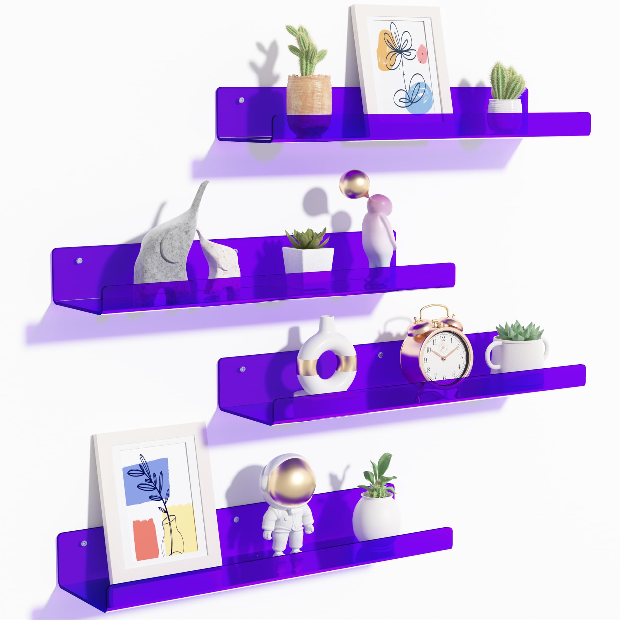 upsimples Acrylic Shelves for Bathroom Storage, 15" Floating Shelves Wall Organizer for Perfume, Make up, Skincare, Kids Bookshelf for Bedroom, Nursery, Living Room Decor, Clear, 4 Pack
