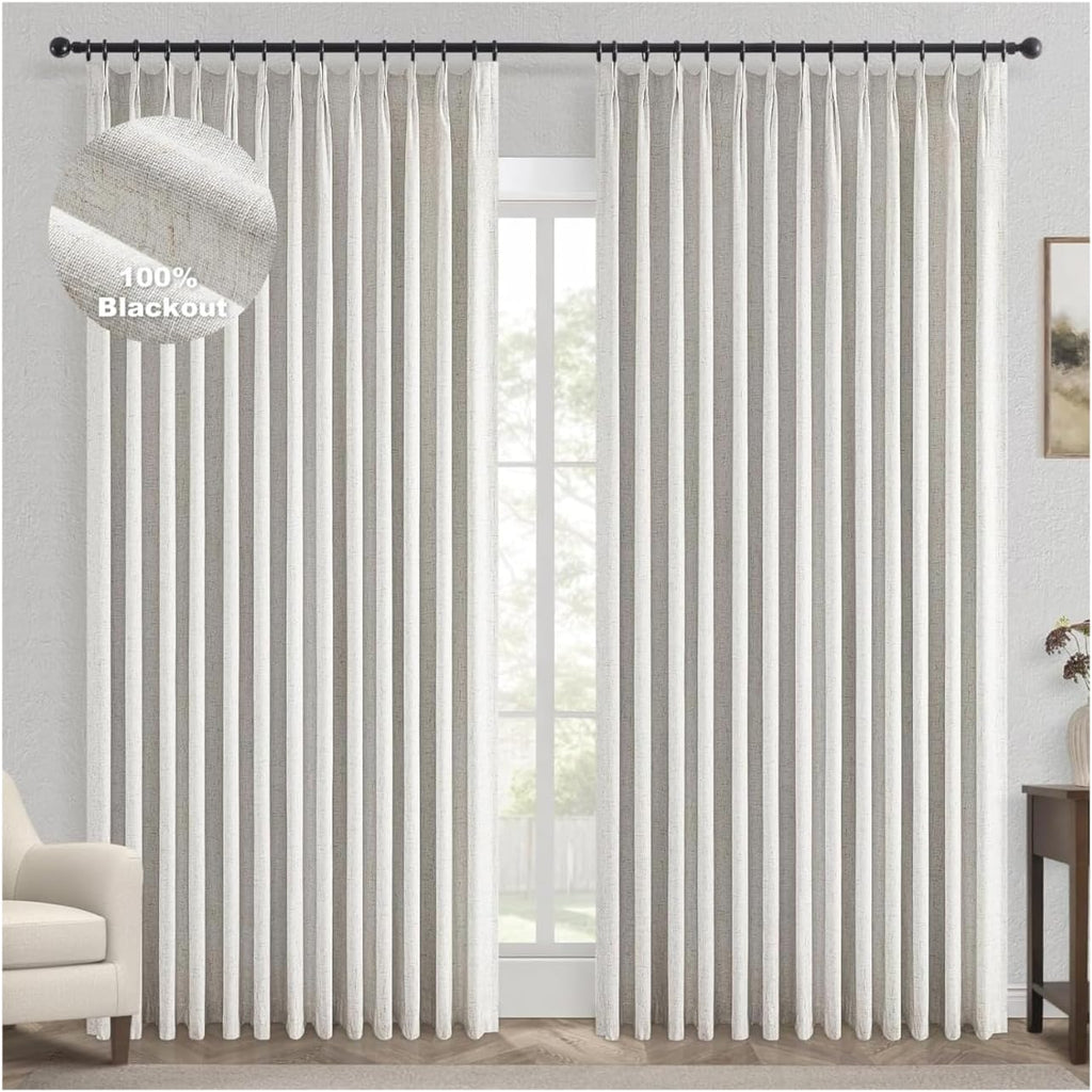 Topfinel Extral Wide Curtains, Pinch Pleated 100% Blackout Linen Luxury Drapery with Hooks for Patio Sliding Door Large Window Living Room Track System, 72" Wx108 L 2 Panel