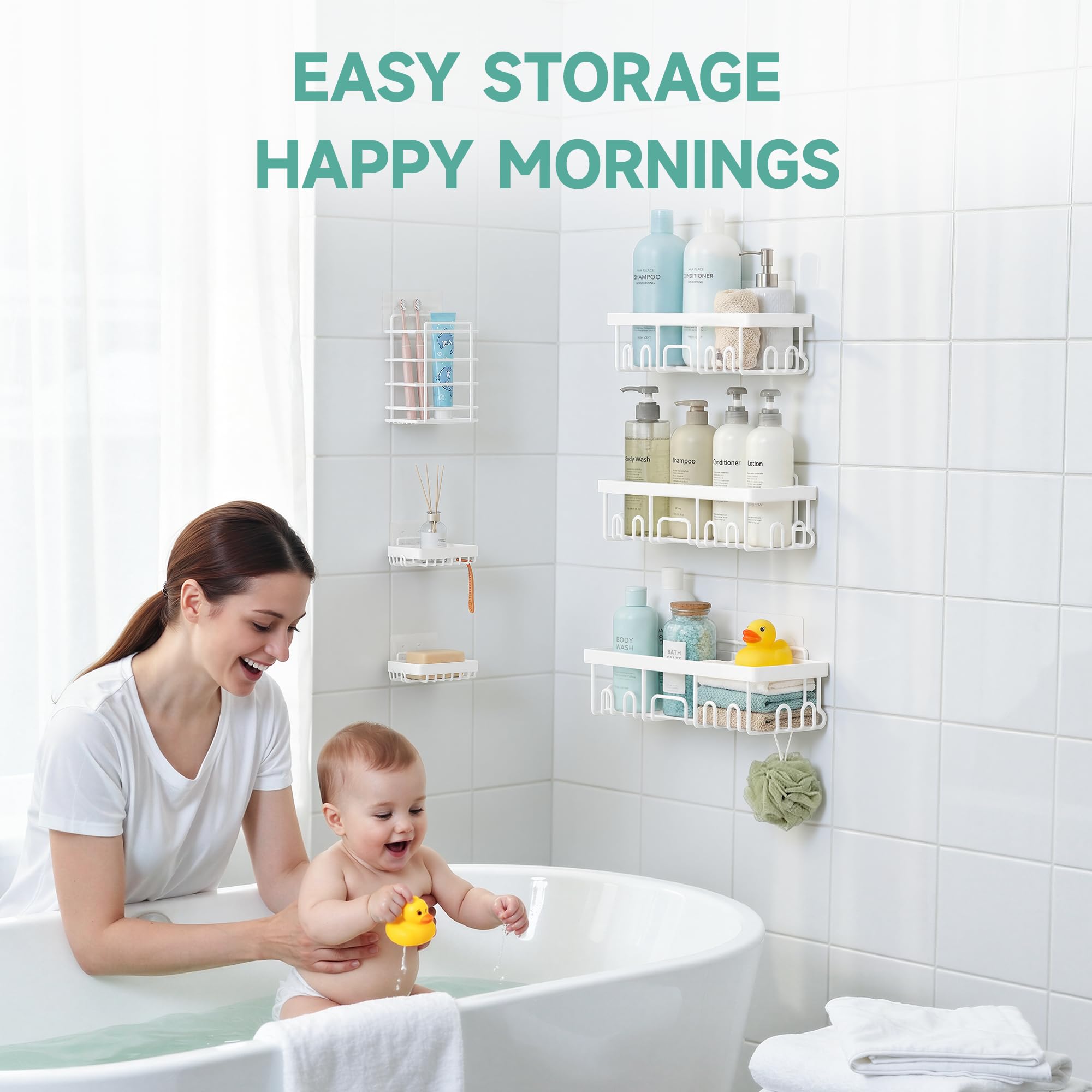 Veken Shower Caddy 6-Pack, Advanced Rustproof Design, No Drilling Adhesive Shelves, Rack with Soap Holder, Large Capacity Bathroom Organizers and Storage, Wall-Mounted Kitchen & Home Decor