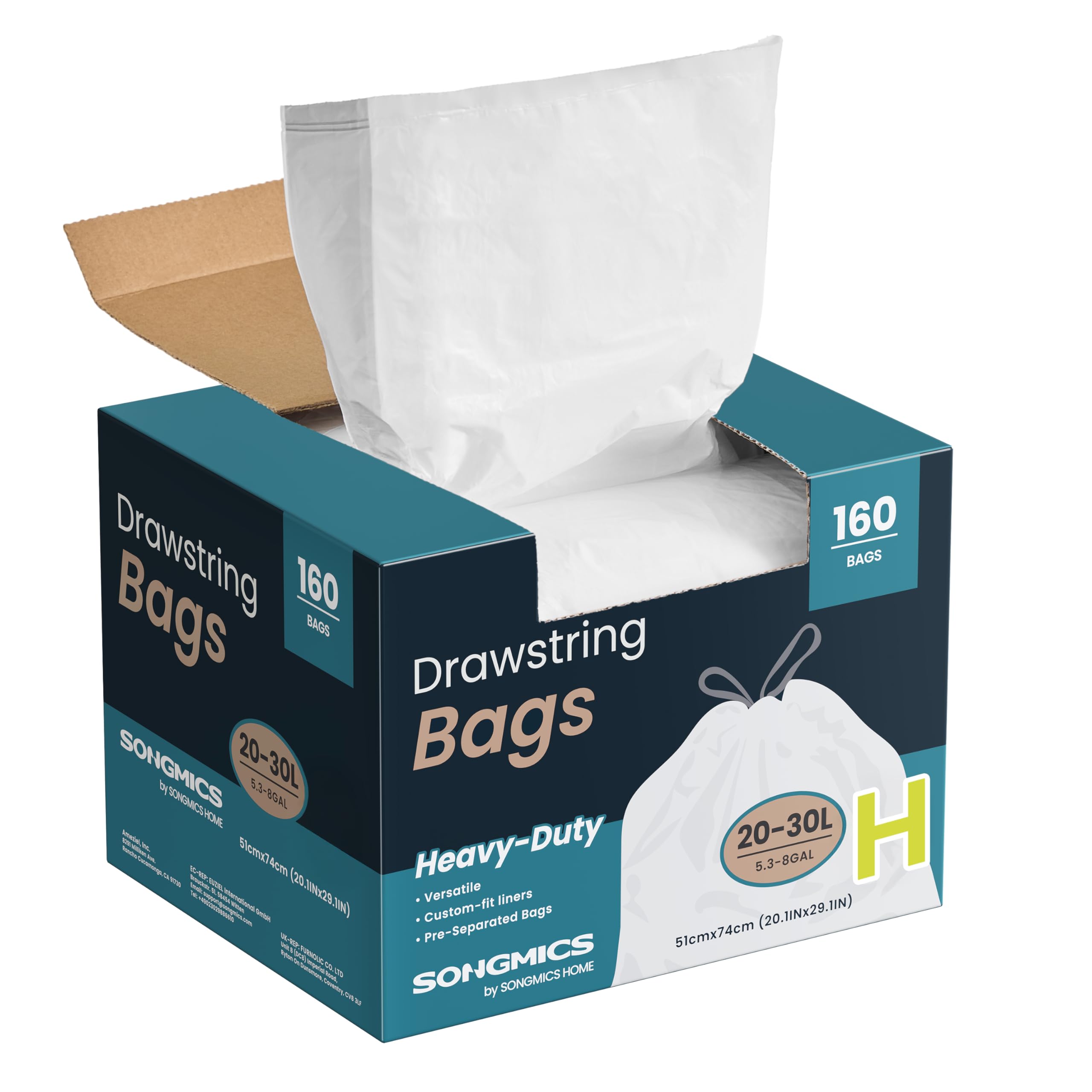 SONGMICS Trash Bags for 8-Gallon (30 L) Trash Cans, Drawstring Kitchen Garbage Bags, Pre-Separated, Liner Code 30A, 2 Rolls, 90 Count, White UKRB30A02