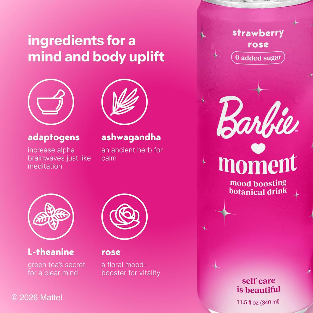 Moment x Barbie Botanical Soda Soft Drink - Sparkling Drinks | Strawberry Rose | L-Theanine & Ashwagandha for Calm & Clarity | 0 Added Sugar 0 Caffeine | 12-pack