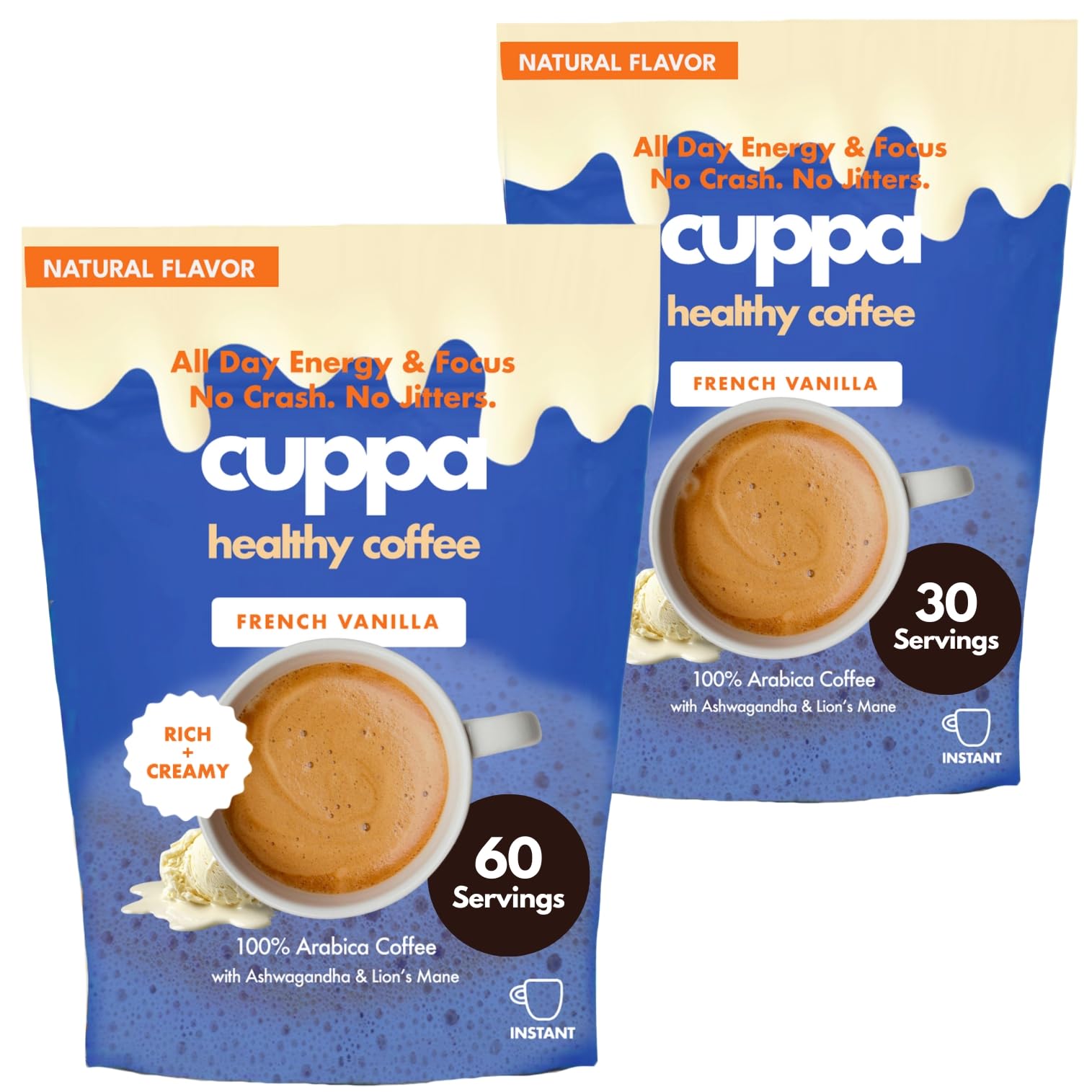 Cuppa Medium Roast Mushroom Coffee with Adaptogens & Superfoods - Lion’s Mane, Ashwagandha & Cordyceps. Adaptogens + MCT to support natural energy, mental focus & gut health (30 Servings)