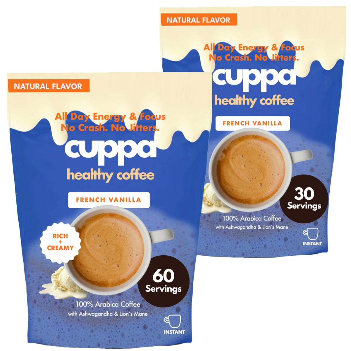 Cuppa Medium Roast Mushroom Coffee with Adaptogens & Superfoods - Lion’s Mane, Ashwagandha & Cordyceps. Adaptogens + MCT to support natural energy, mental focus & gut health (30 Servings)