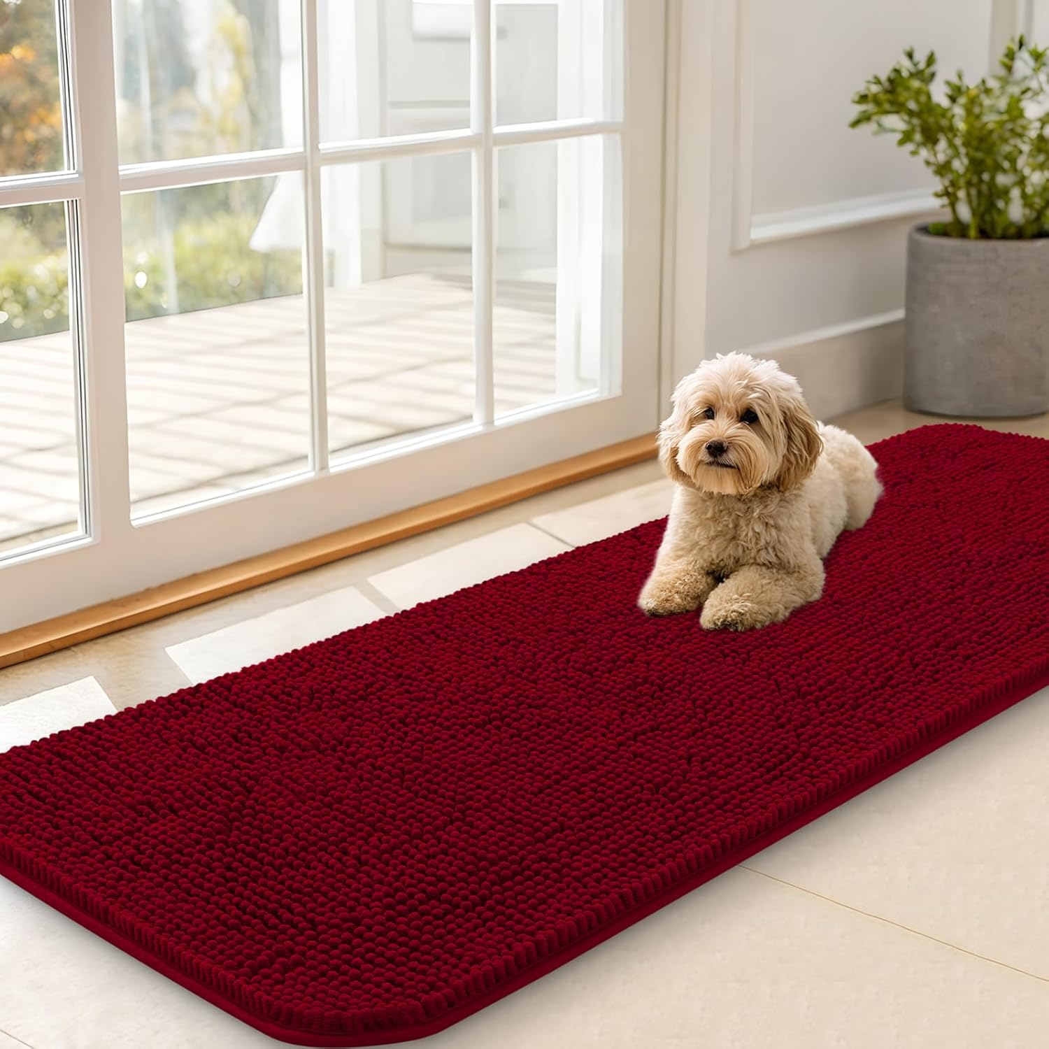 OLANLY Dog Door Mat for Muddy Paws 70x24, Absorbs Moisture and Dirt, Absorbent Non-Slip Washable Doormat, Quick Dry Chenille Mud Mat for Dogs, Entry Indoor Entryway Carpet for Inside Floor, Beige