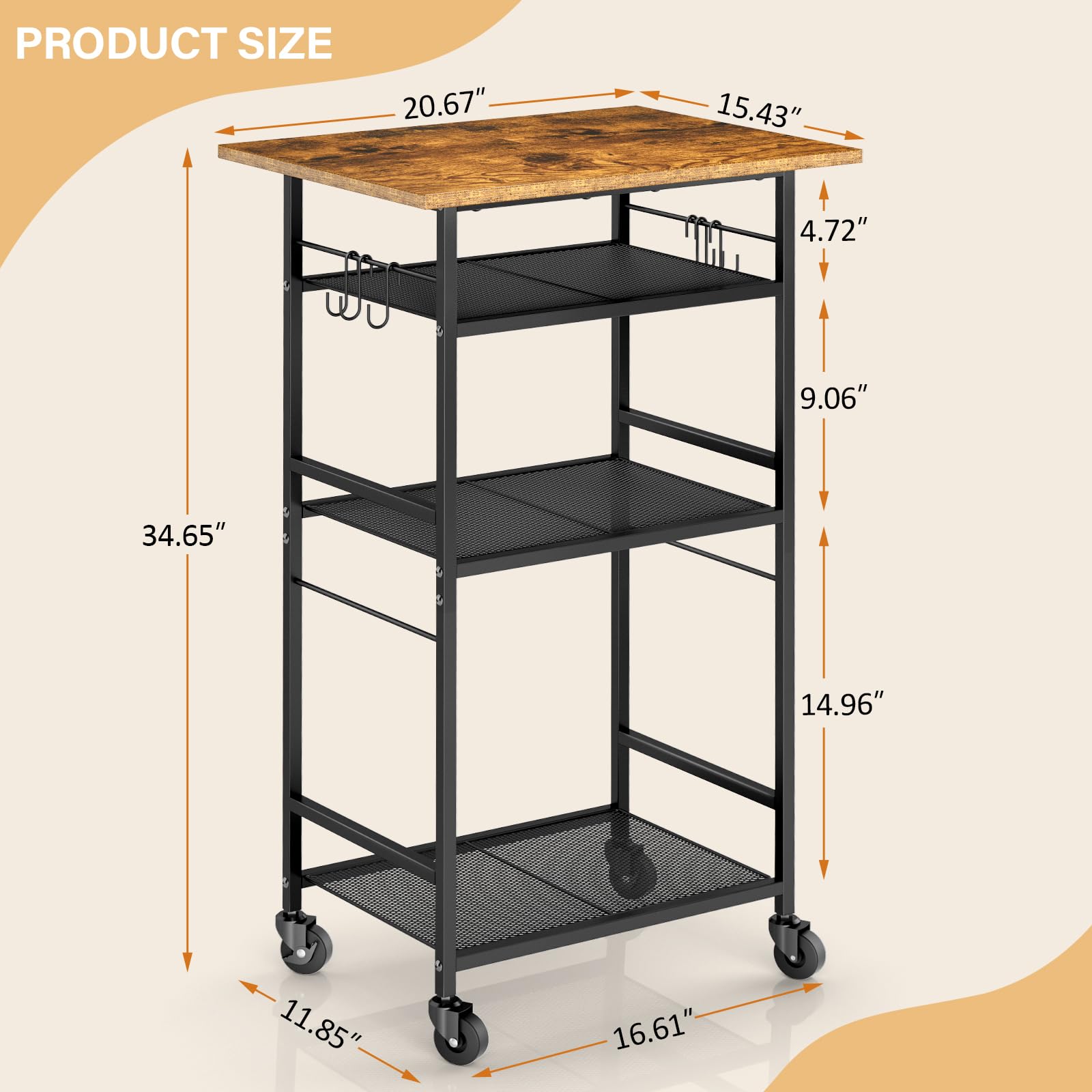 ThreeHio Rolling Kitchen Microwave Cart, 3 Tier Microwave Table Stand with Adjustable Shelf, Kitchen Storage Rack on Wheels, Coffee Station Cart Rack Shelf Organizer for Living Room Office, Balcony