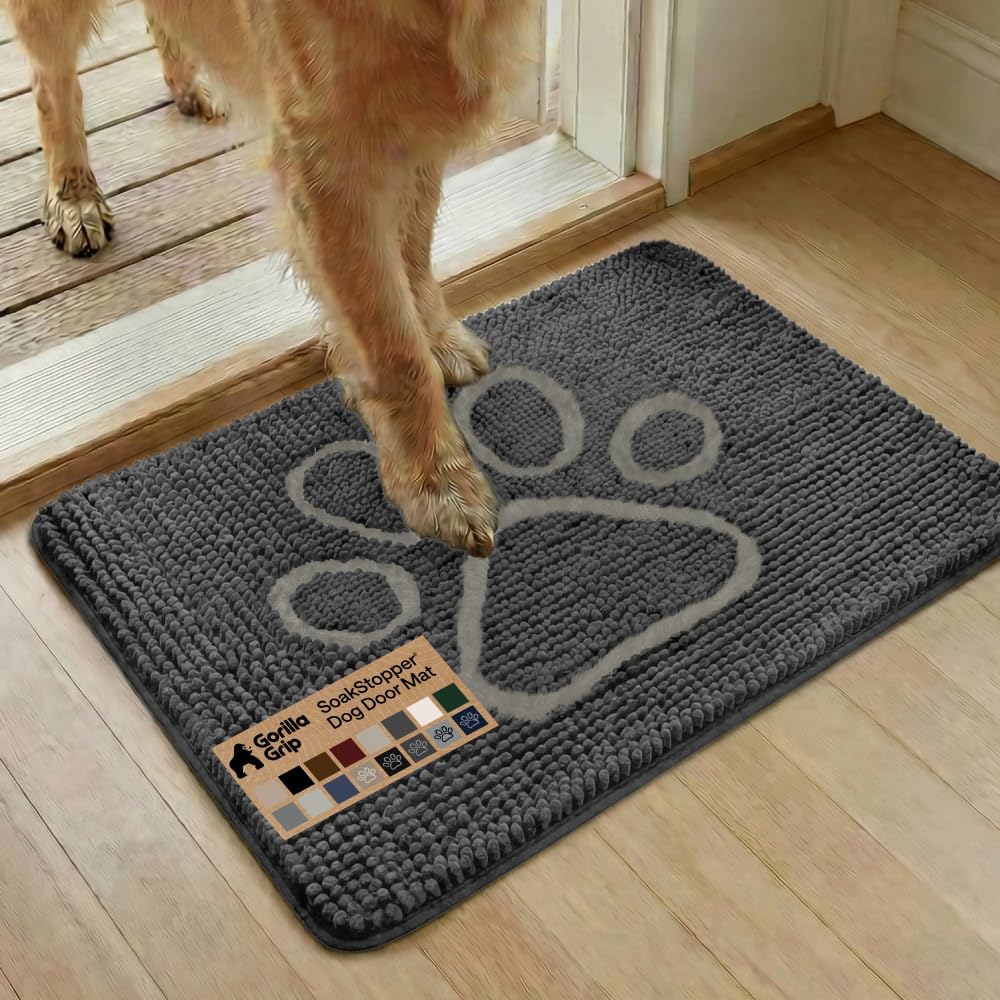 GORILLA GRIP SoakSTOPPER Dog Door Mat, Machine Washable Rug Absorbent Doormat Captures Moisture Mud Dirt, Quick Dry Soft Chenille Entryway Rugs Indoor Entrance Mats for Dog Paws, 24x17 Grey