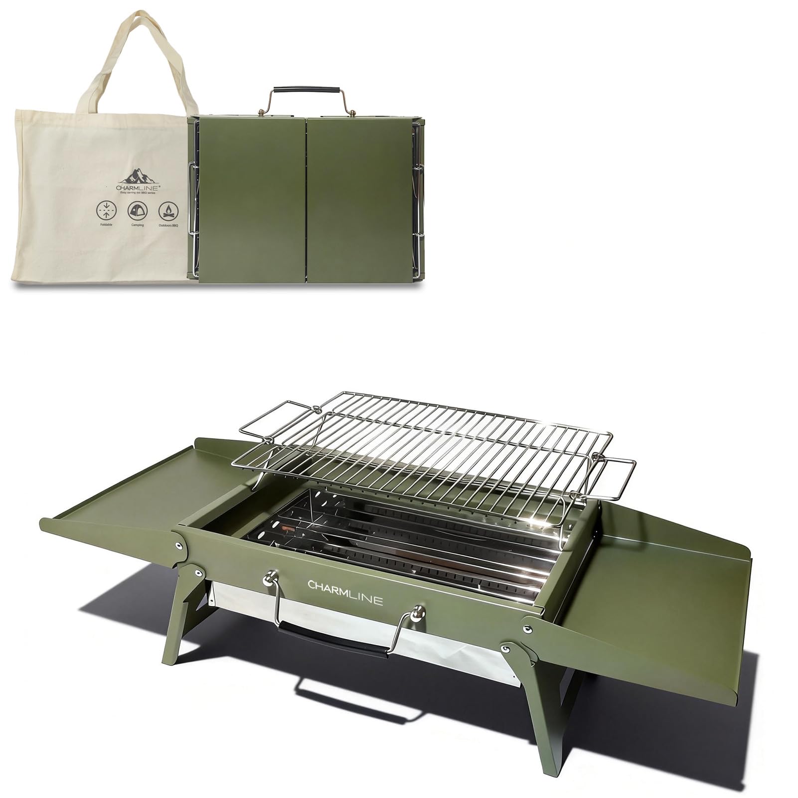 Charmline 14 x 9 inches Portable Charcoal BBQ Grill, Foldable Compact Camping Barbecue for 1–3 People, Ideal for Garden, Beach, Picnic & Tabletop Use, Green