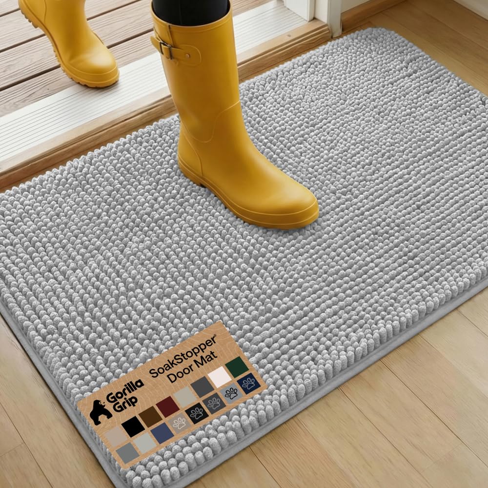 GORILLA GRIP SoakSTOPPER Dog Door Mat, Machine Washable Rug Absorbent Doormat Captures Moisture Mud Dirt, Quick Dry Soft Chenille Entryway Rugs Indoor Entrance Mats for Dog Paws, 24x17 Grey