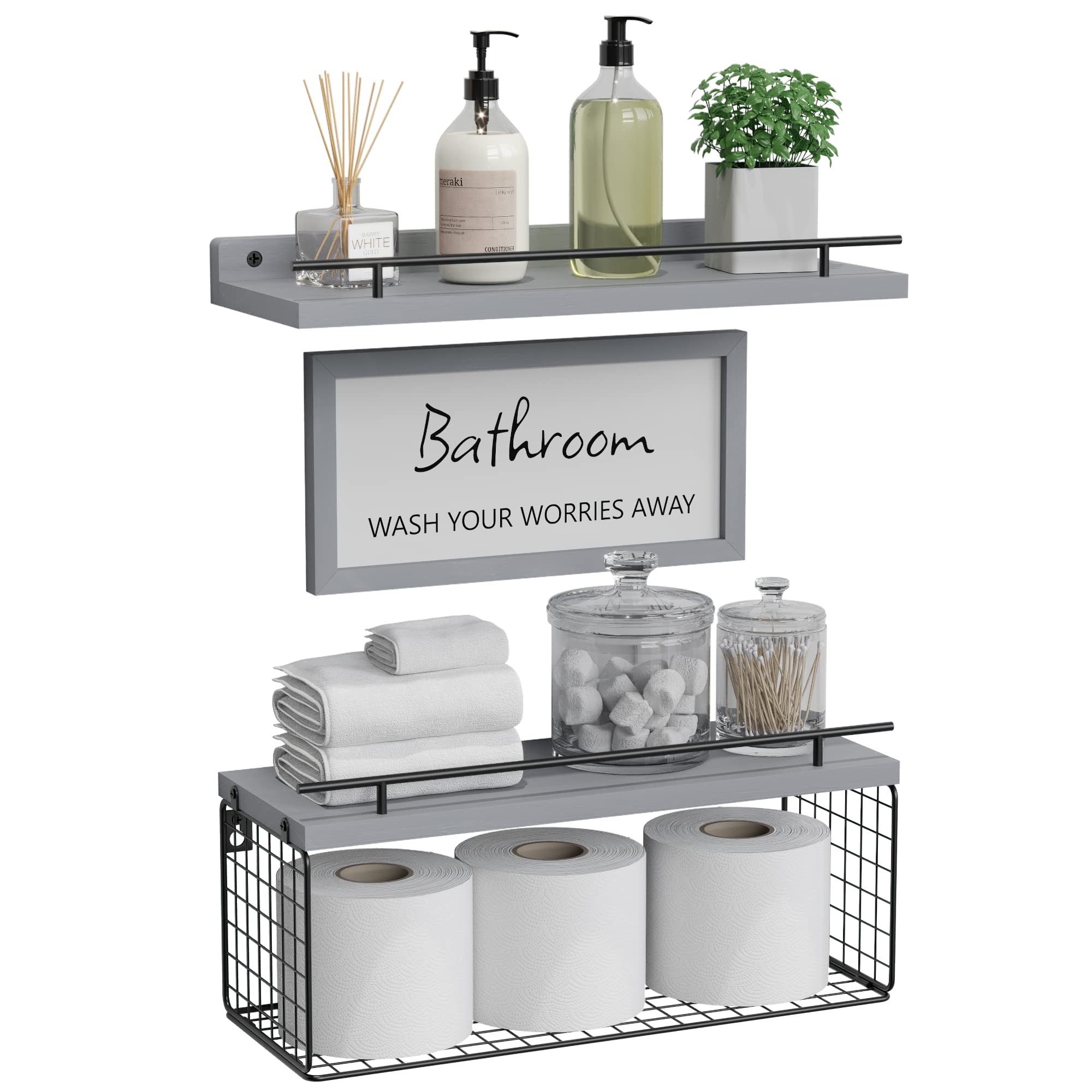 WOPITUES Floating Shelves for Wall Decor Sign, Bathroom Organizers and Storage, Bathroom Shelves Over Toilet with Metal Guardrail-Black