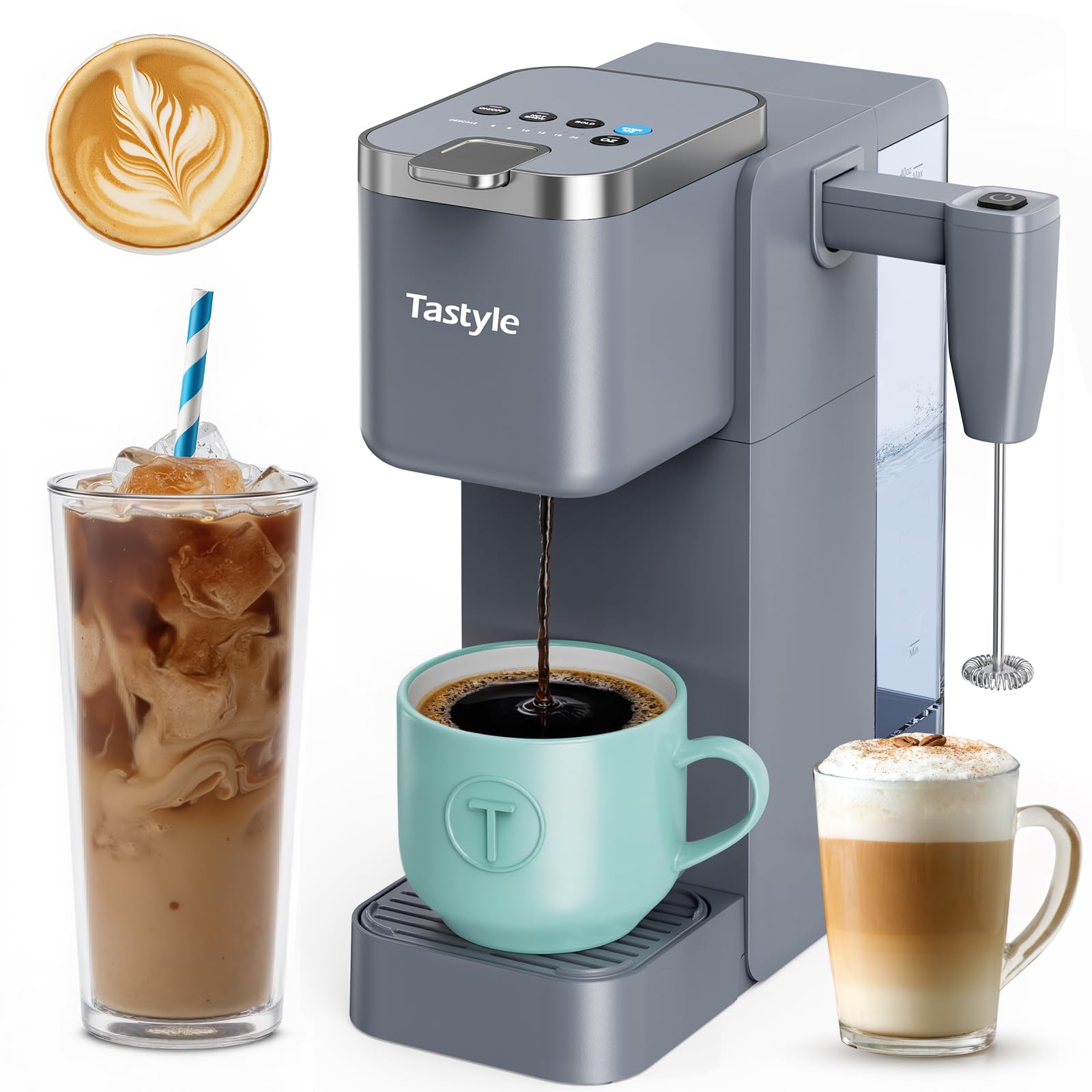 Tastyle 330MF Single Serve Coffee Maker with Built-in Detachable Milk Frother, Iced and Hot Coffee Machine for K Cup & Grounds, 40oz Removable Water Reservoir, 6 Cup Sizes, Fits 7.3" Travel Mug, Black