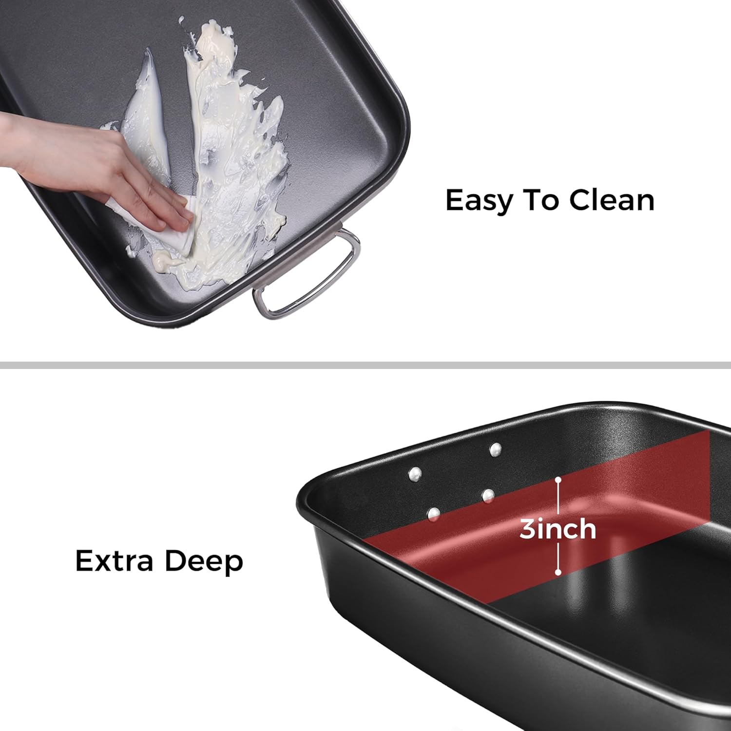 HONGBAKE Lasagna Pan 3 Inch Deep, 15x10" Baking Pan for Oven, Nonstick Cake Baking Dish for Brownie, Roasting Pans with Stainless Steel Handles, Heavy Duty, Dishwasher Safe, Dark Grey