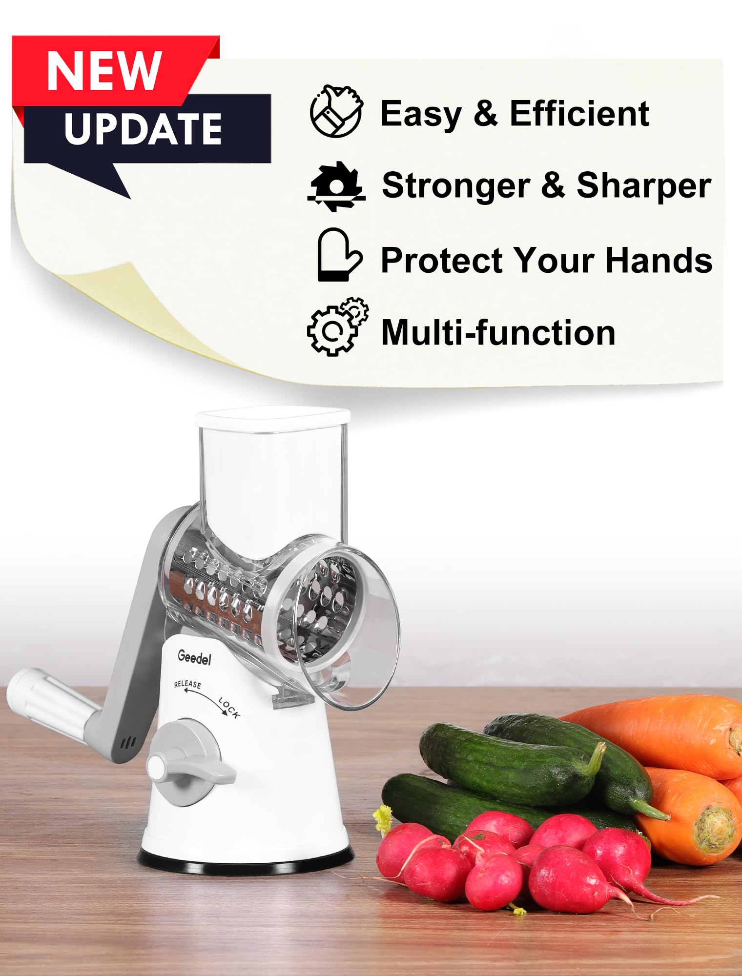 Geedel Rotary Cheese Grater, Kitchen Mandoline Vegetable Slicer with 3 Interchangeable Blades, Easy to Clean Rotary Grater Slicer for Fruit, Vegetables, Nuts