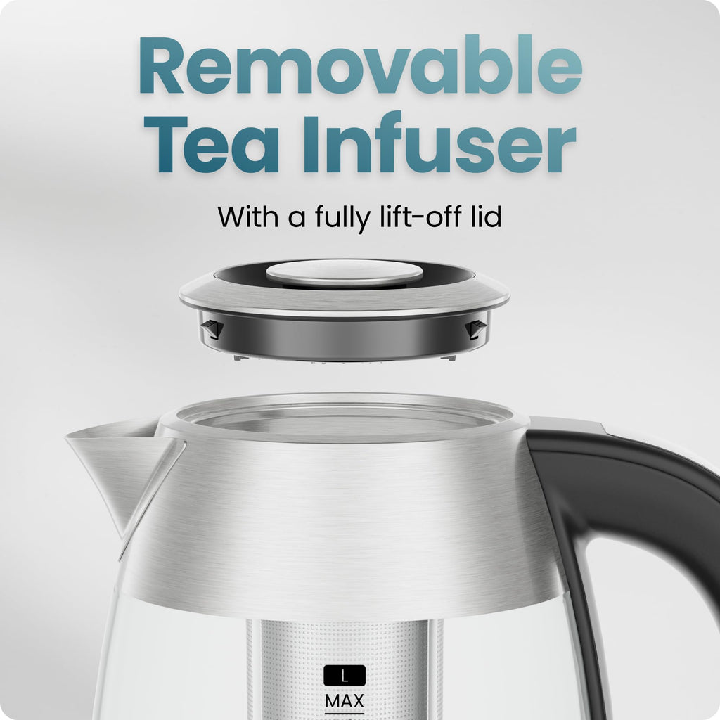 Chefman Electric Kettle, 1.8L 1500W, Hot Water Boiler, Removable Lid for Easy Cleaning, Auto Shut Off, Boil-Dry Protection, Stainless Steel Filter, BPA Free, Borosilicate Glass Electric Tea Kettle