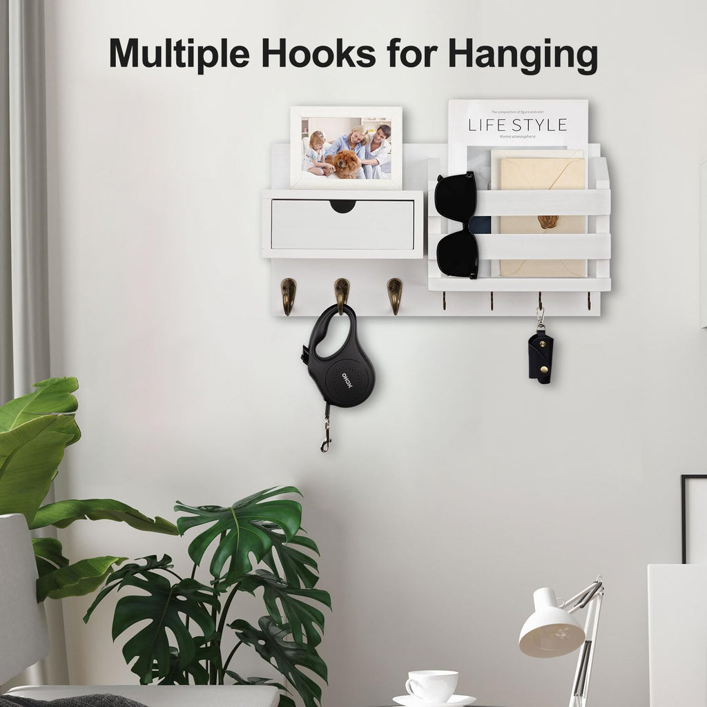 Wall Mount Key Holder with Mail Organizer, 100% Paulownia Wood, 7 Metal Hooks, Storage Drawer, Entryway Home Decor (Brown)