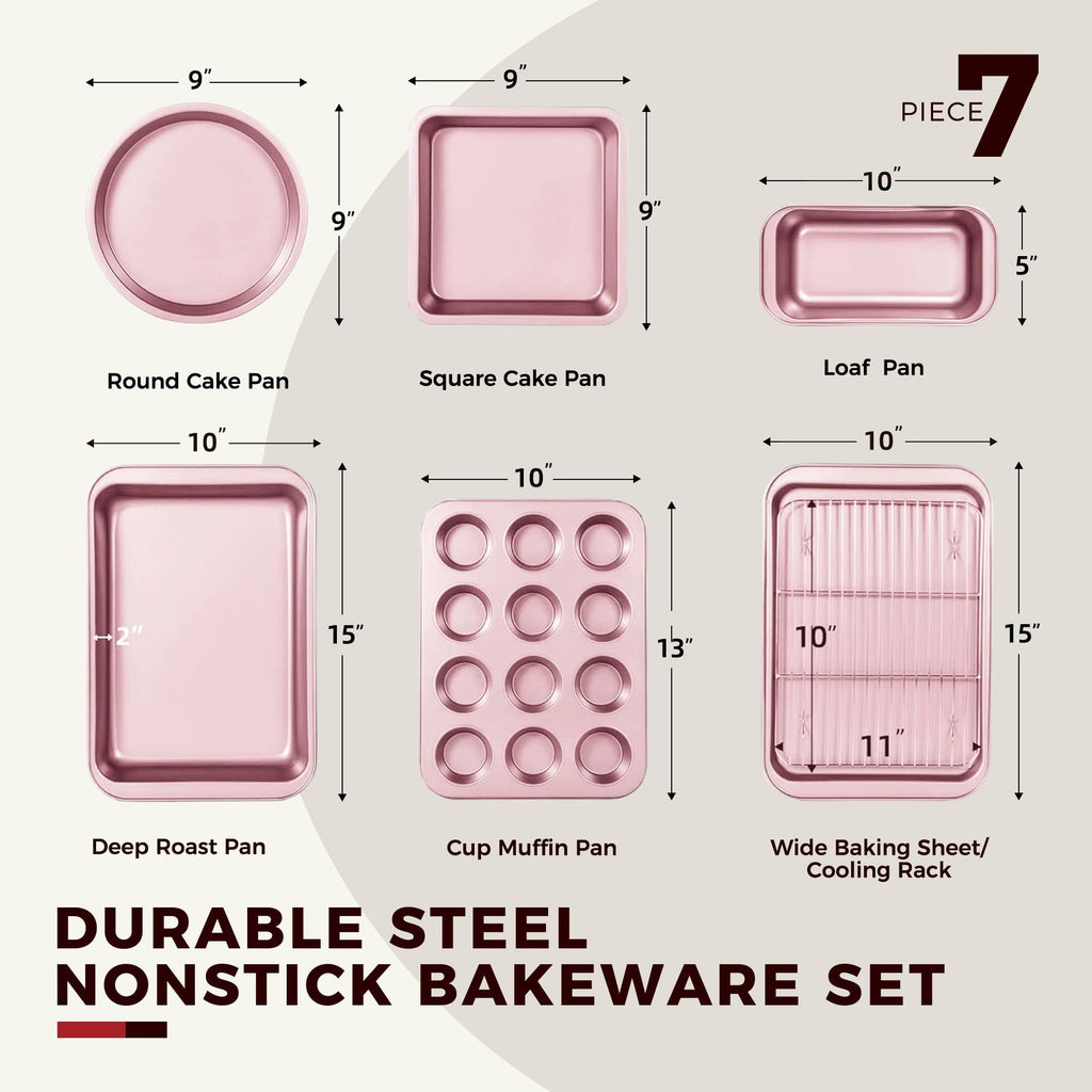 KITESSENSU Baking Pans Sets, Nonstick Bakeware Sets 7-Piece with Round/Square Cake Pan, Loaf Pan, Muffin Pan, Cookie Sheet, Roast Pan, Cooling Rack, Carbon Steel Bake Set