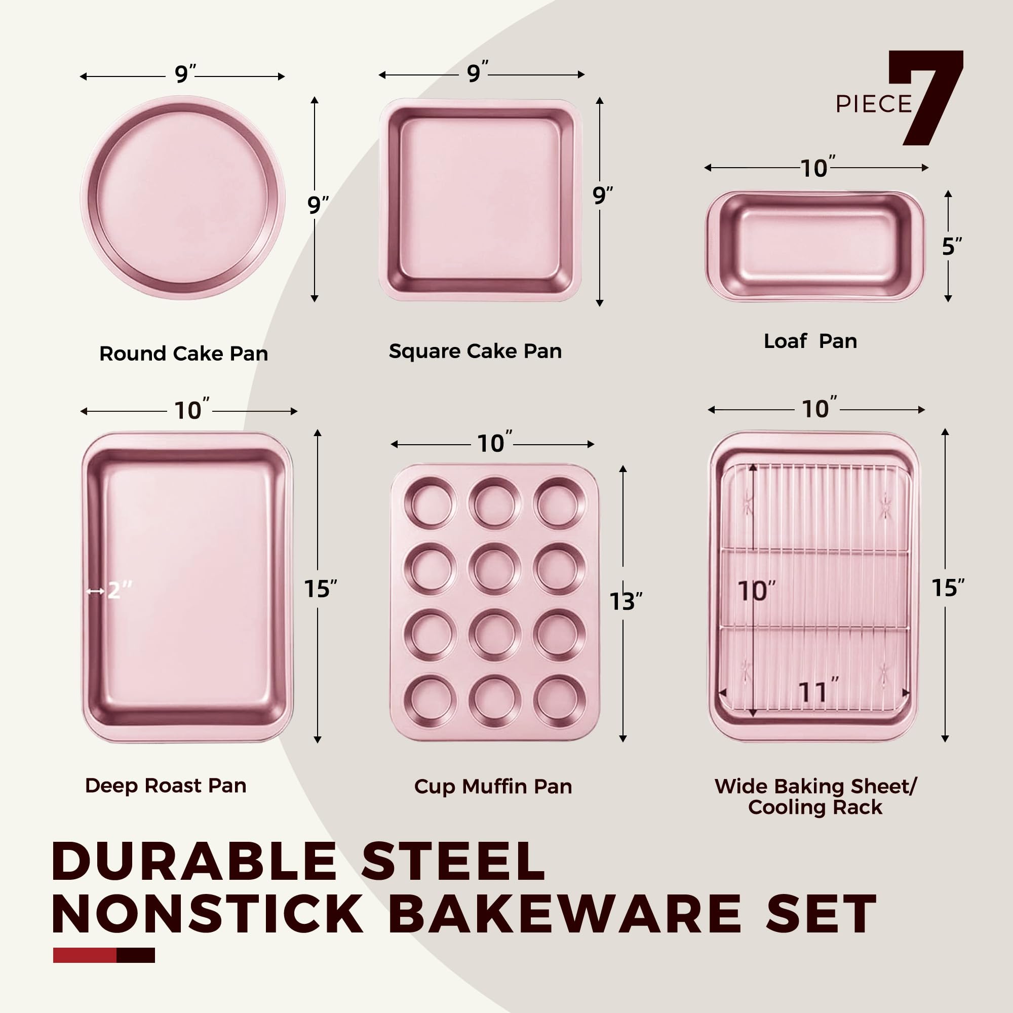KITESSENSU Baking Pans Sets, Nonstick Bakeware Sets 7-Piece with Round/Square Cake Pan, Loaf Pan, Muffin Pan, Cookie Sheet, Roast Pan, Cooling Rack, Carbon Steel Bake Set