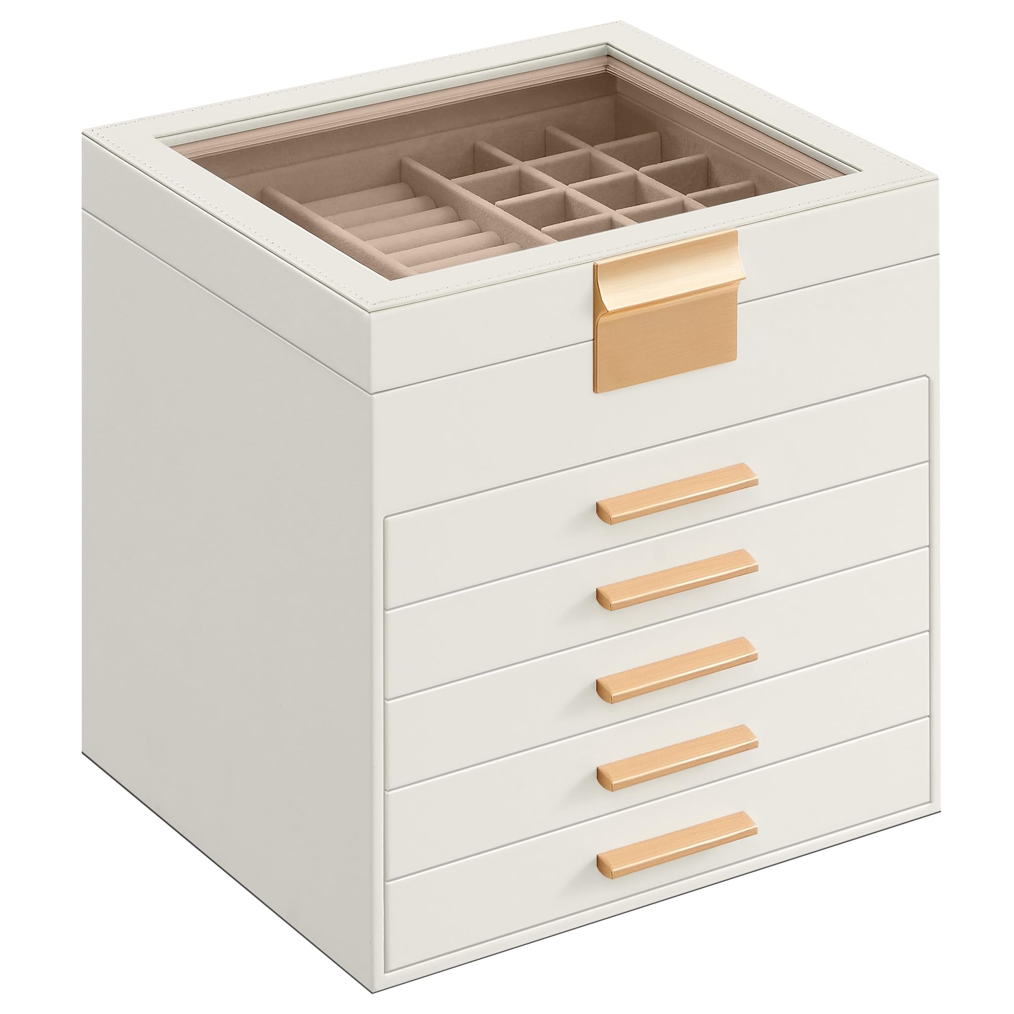 SONGMICS GISELLA Collection - Jewelry Box Organizer, 3-Layer Jewelry Storage with 2 Drawers, Shiny Metal Hardware, Glass Lid, Modern, 8 x 9.1 x 5.3 Inches, Cloud White and Gold Color UJBC239WT