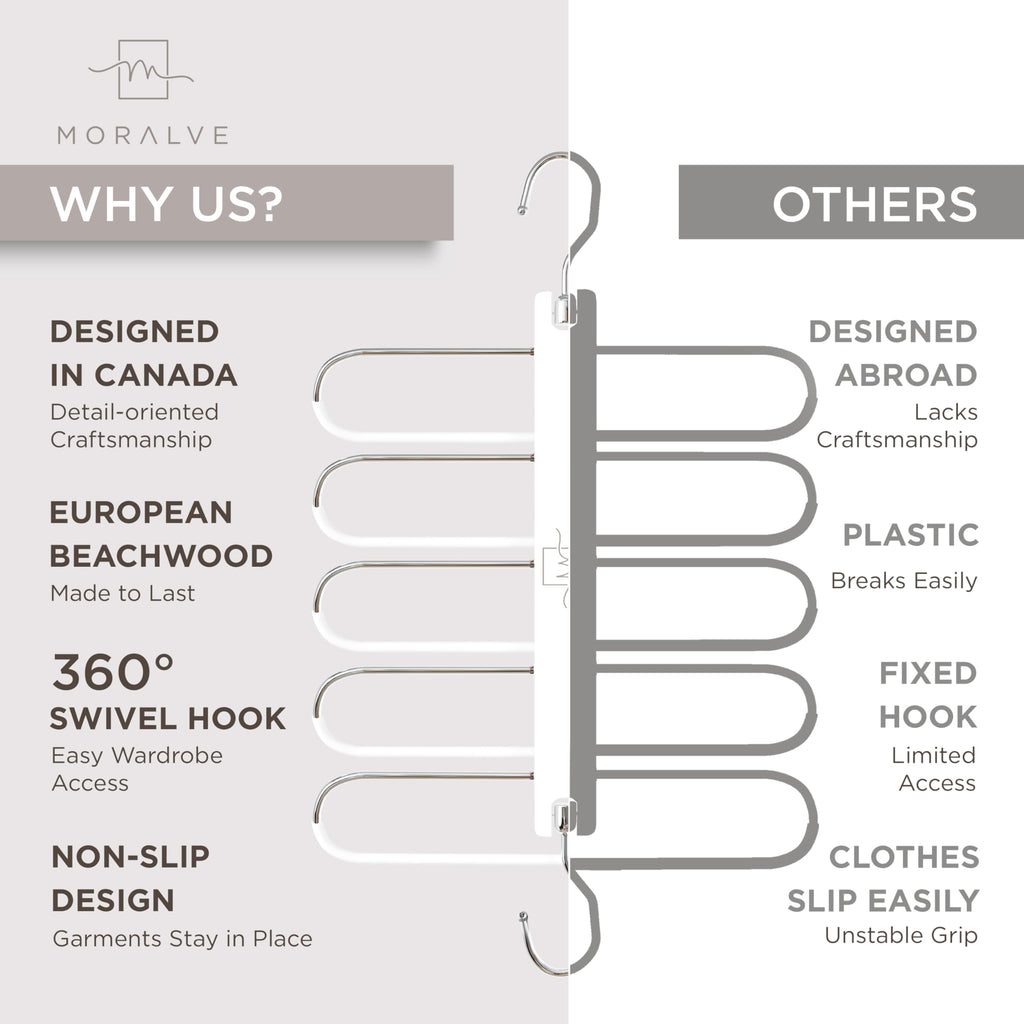 MORALVE Pants Hangers Space Saving - 2 Pack European Beechwood Scarf and Jean Hangers - Closet Organizer and Space Saver Pant Rack, Leggings Hanger, and Scarf Holder with 360° Swivel Hook