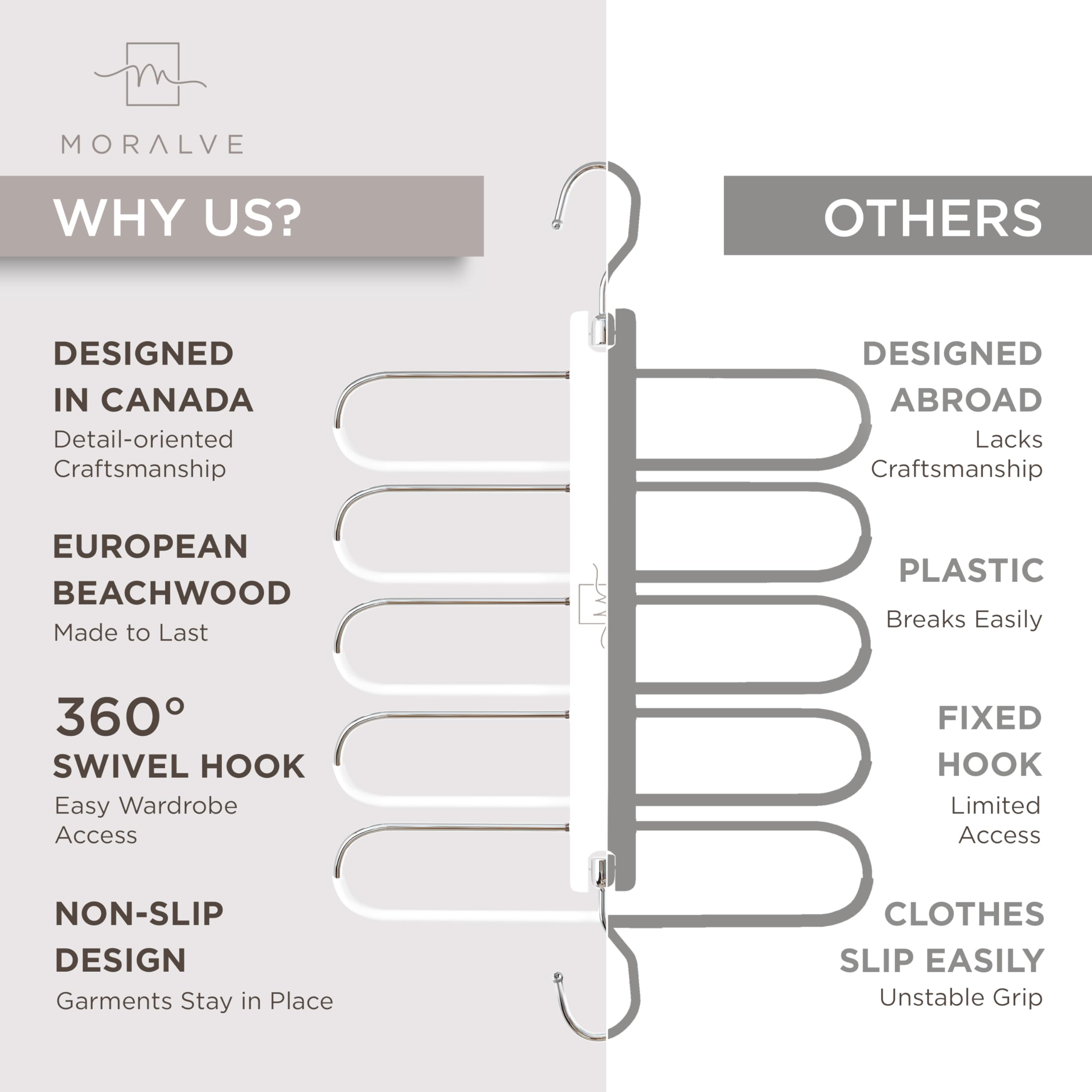MORALVE Pants Hangers Space Saving - 2 Pack European Beechwood Scarf and Jean Hangers - Closet Organizer and Space Saver Pant Rack, Leggings Hanger, and Scarf Holder with 360° Swivel Hook