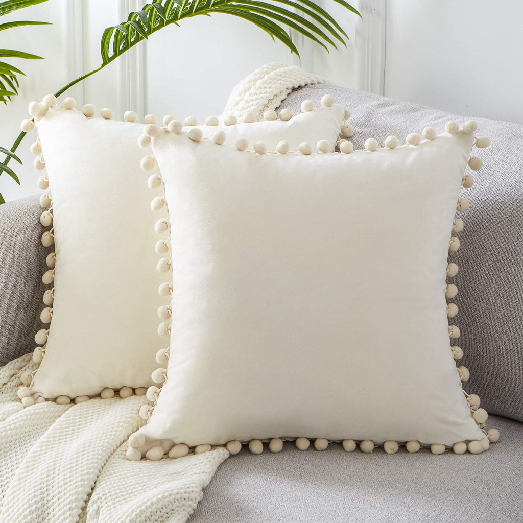 Top Finel Blush Pink Throw Pillow Covers 18x18 Inches for Couch Aesthetic Decorative Sofa Pillow Covers Set of 2 Soft Velvet Cushion Cover Pillow Cases with Pom-poms for Bedroom Livingroom Office Car
