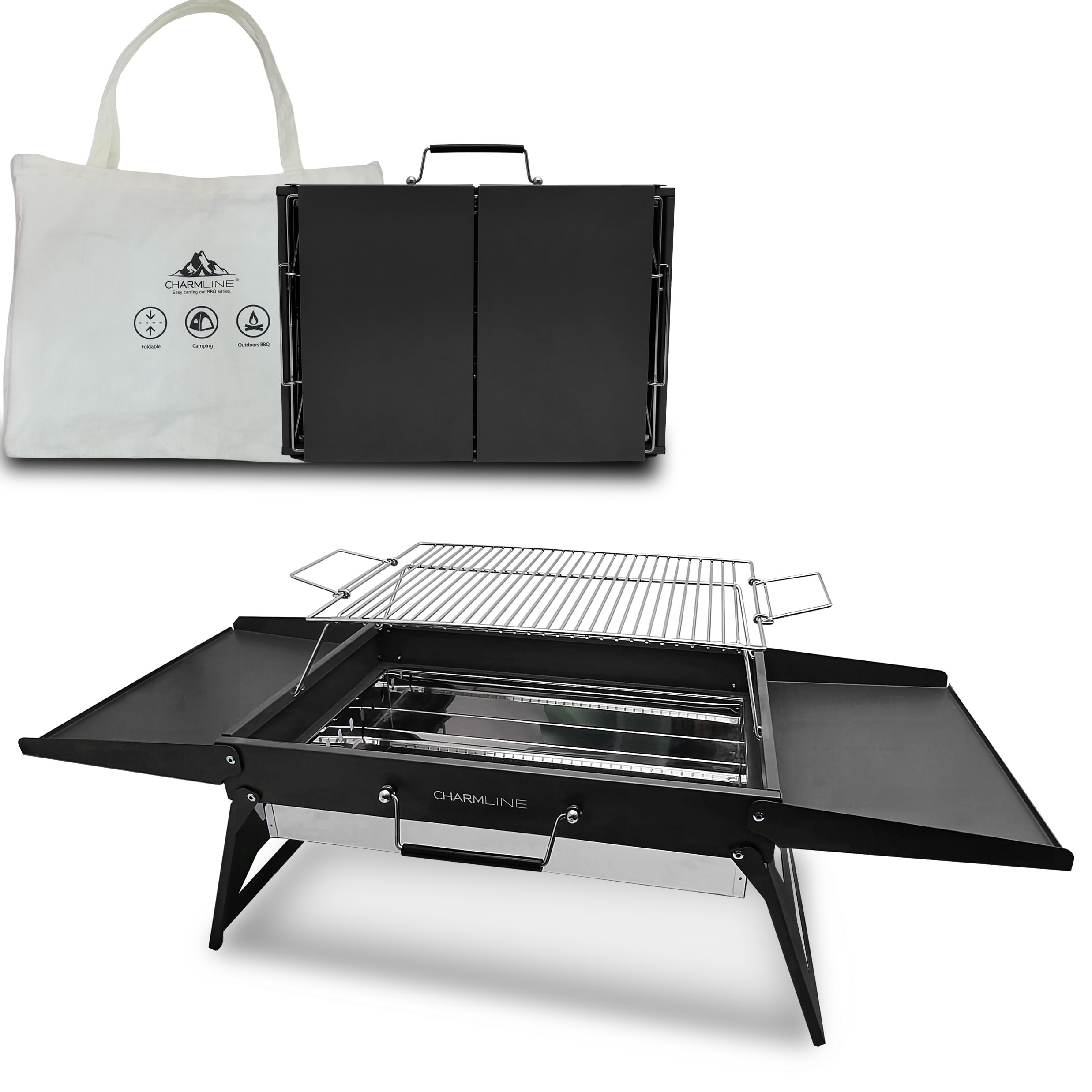 Charmline 14 x 9 inches Portable Charcoal BBQ Grill, Foldable Compact Camping Barbecue for 1–3 People, Ideal for Garden, Beach, Picnic & Tabletop Use, Green