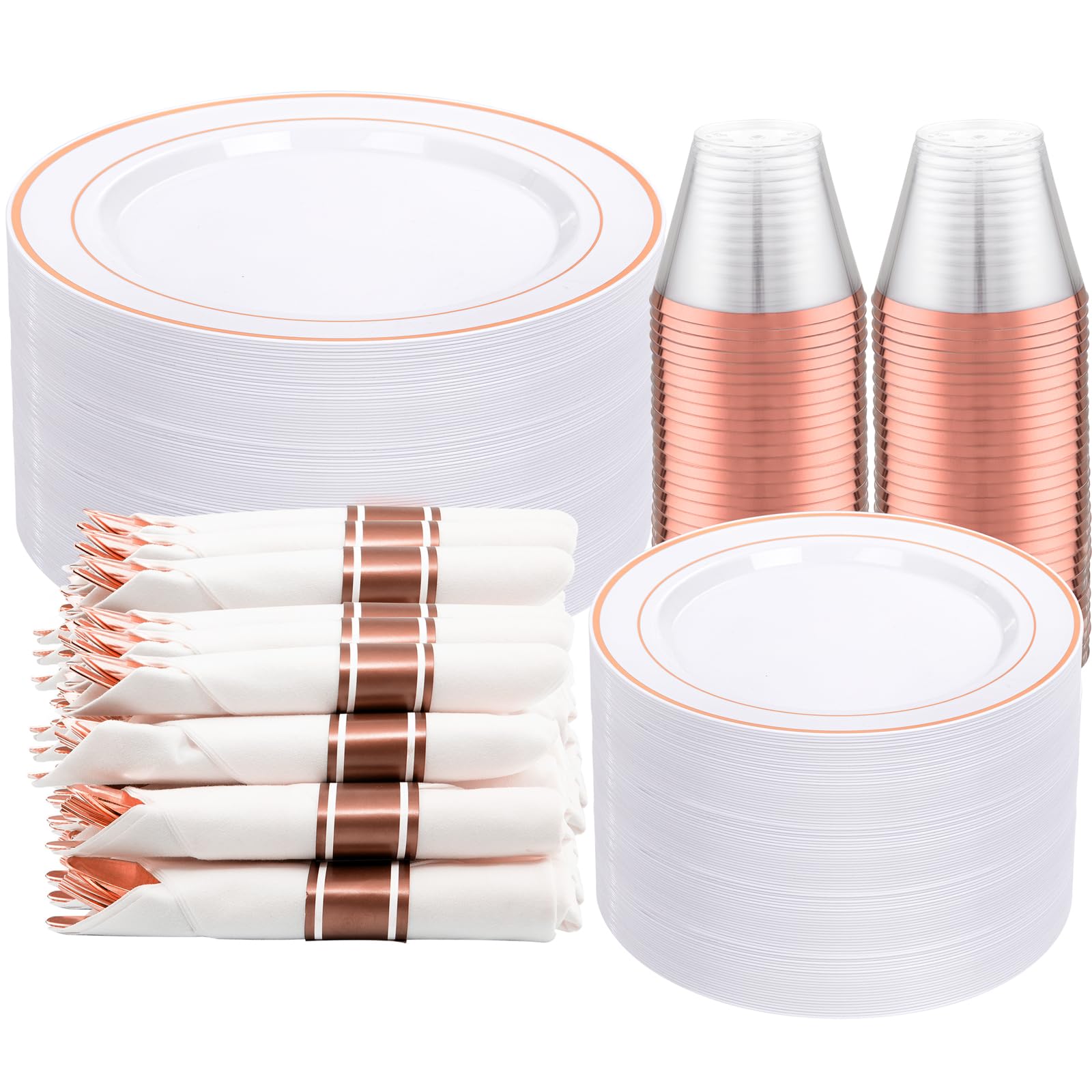 DaYammi 350PCS Gold Plastic Dinnerware Set for 50 Guests, Fancy Disposable Plates for Party, Include: 50 Dinner Plates, 50 Dessert Plates, 50 Pre Rolled Napkins with Gold Silverware, 50 Cups