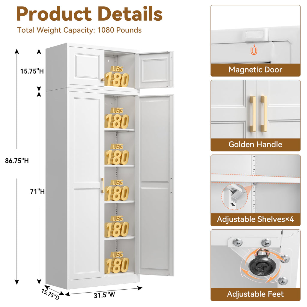 Polup White Kitchen Pantry Cabinet, 71 Inch Tall Metal Storage Cabinet with Doors and Shelves, Pantry Cabinets for Kitchen Storage, Freestanding Cupboard for Living, Dining Room, Assemble Required