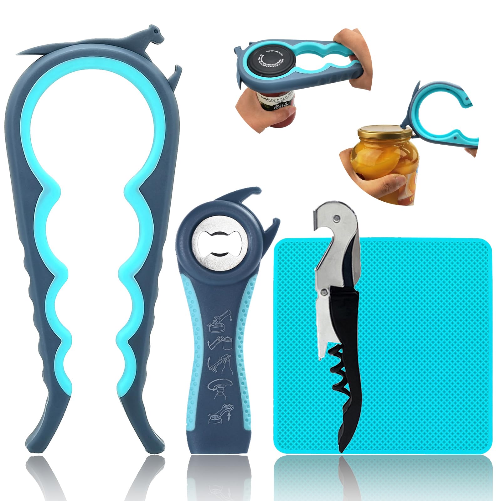 Otstar 6-in-1 Jar Opener & Bottle Opener Set for Weak Hands - Multi-Function Kitchen Opener Tool for Seniors with Arthritis, Elderly - Includes Jar Lid Gripper Pad, Corkscrew Opener