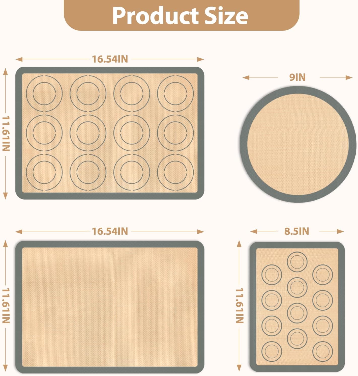 Silicone Baking Mat Set of 4, Nonstick Reusable Macaron Silicone Baking Mat & Round Pizza Mat, Cookie Baking Supplies for Macaroons, Pastry, Pizza, Gray