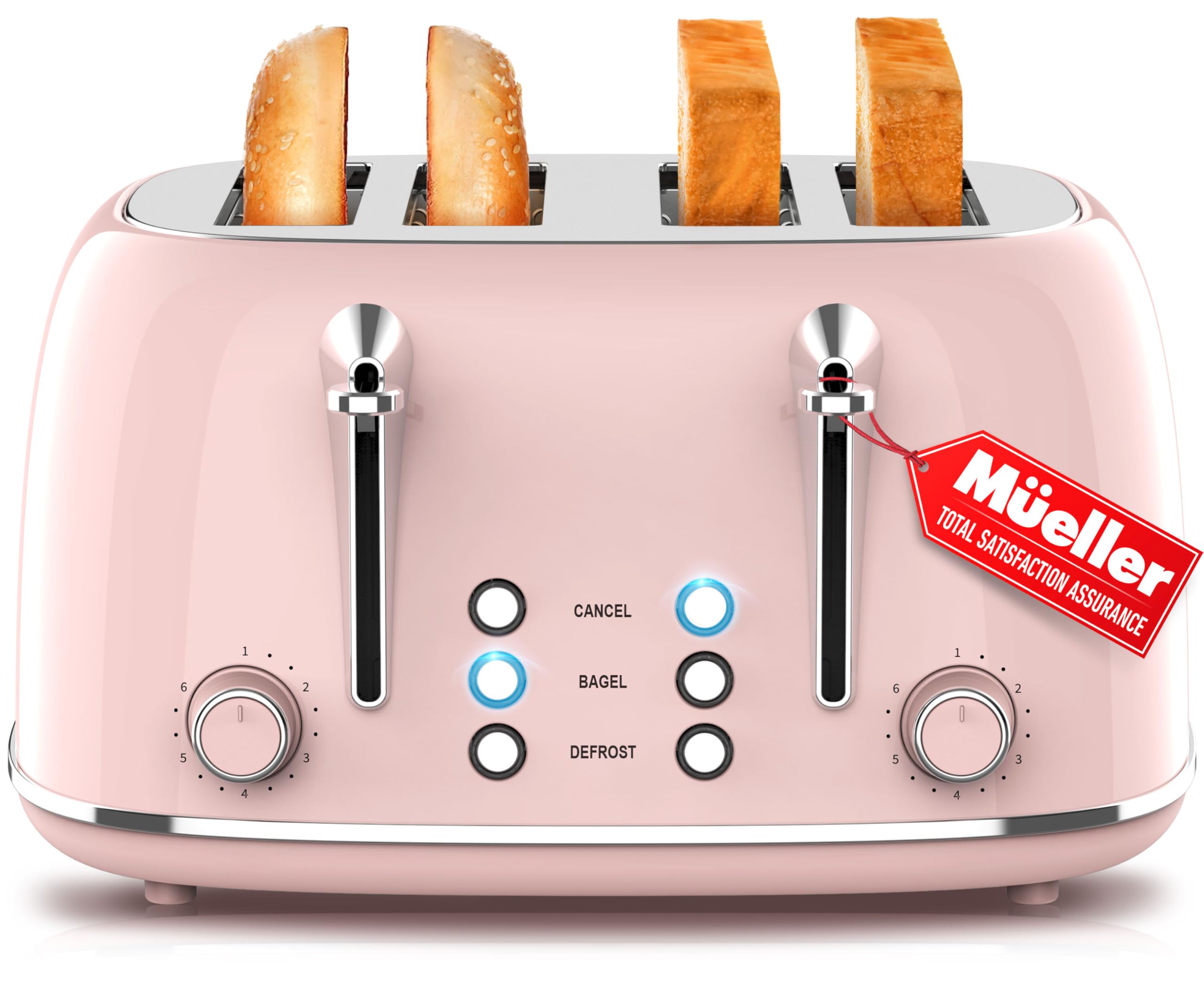 MUELLER HOME Retro Toaster 2 Slice, 7 Browning Levels, 3 Functions (Reheat, Defrost, Cancel), Stainless Steel Features, Removable Crumb Tray, Under Base Cord Storage, Turquoise
