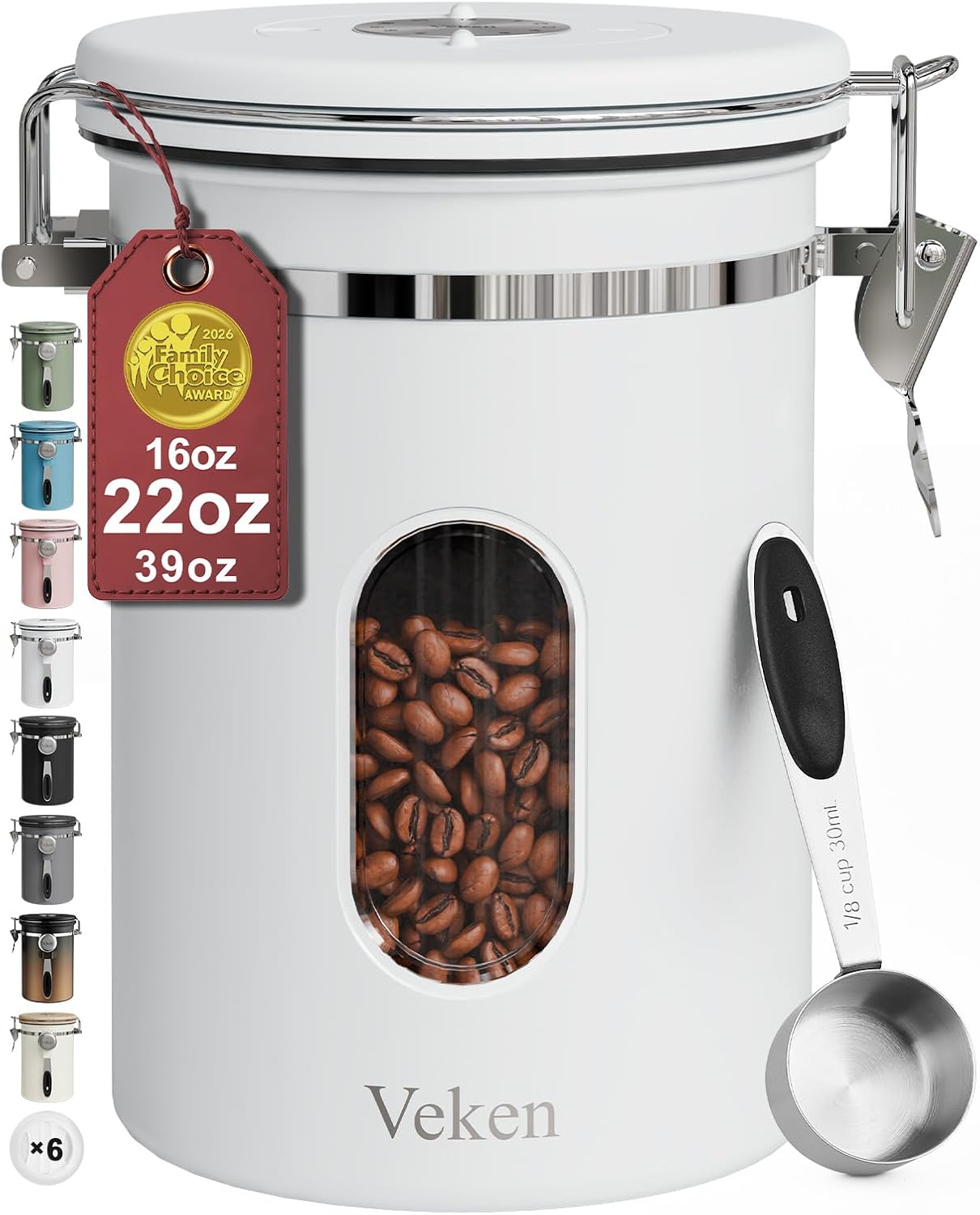 Veken Coffee Canister with Window,Airtight Stainless Steel Kitchen Food Storage Container, Date Tracker & Scoop for Grounds Coffee, Beans, Tea,Flour,Cereal,Sugar,22OZ,Copper