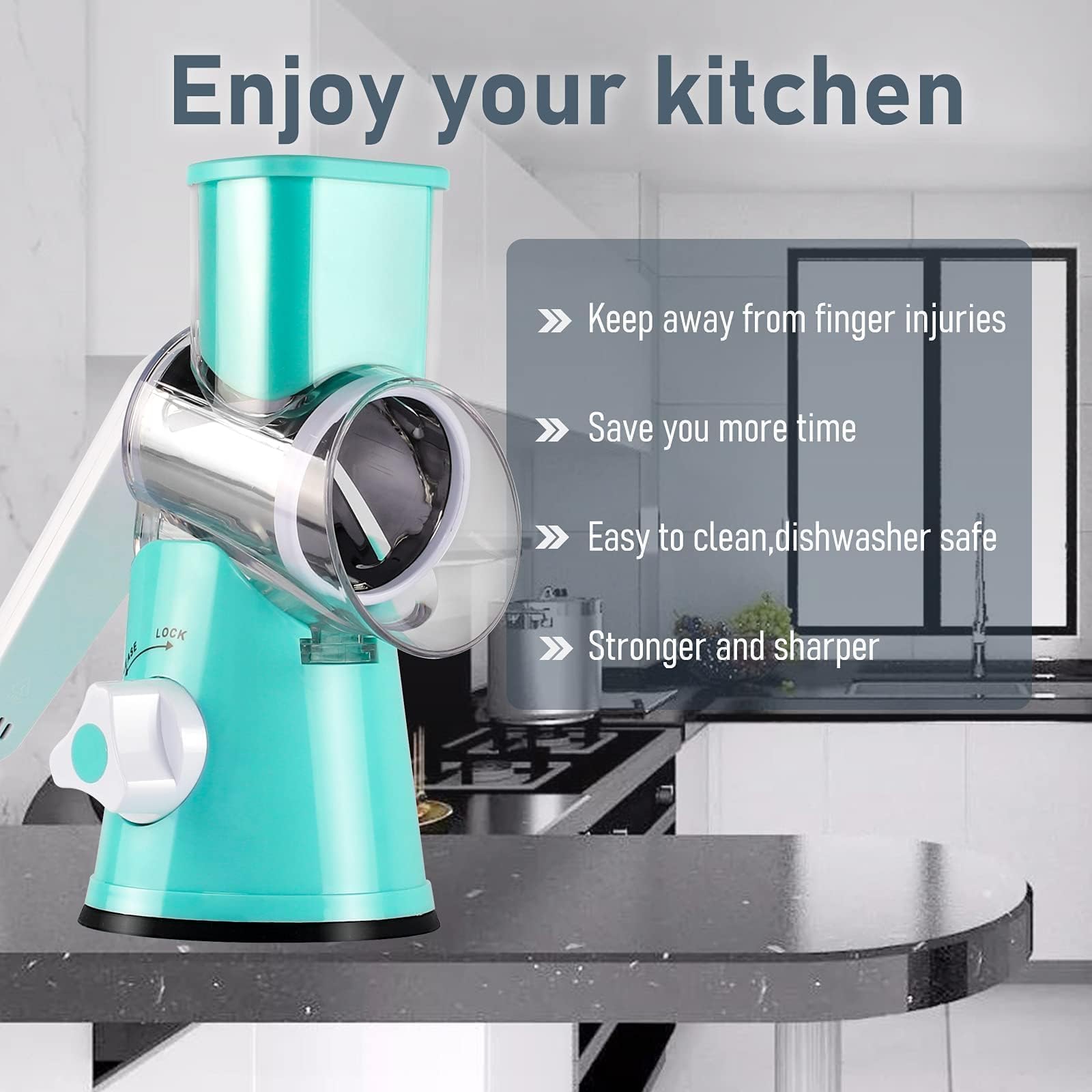 KEOUKE Rotary Cheese Grater Hand Crank Light Blue - Shredder Slicer Grinder 3 Stainless Steel Blades, Stable Suction, Labor-Saving Handle, Safe Kitchen Tool for Cheese, Vegetable, Nuts, Chocolate