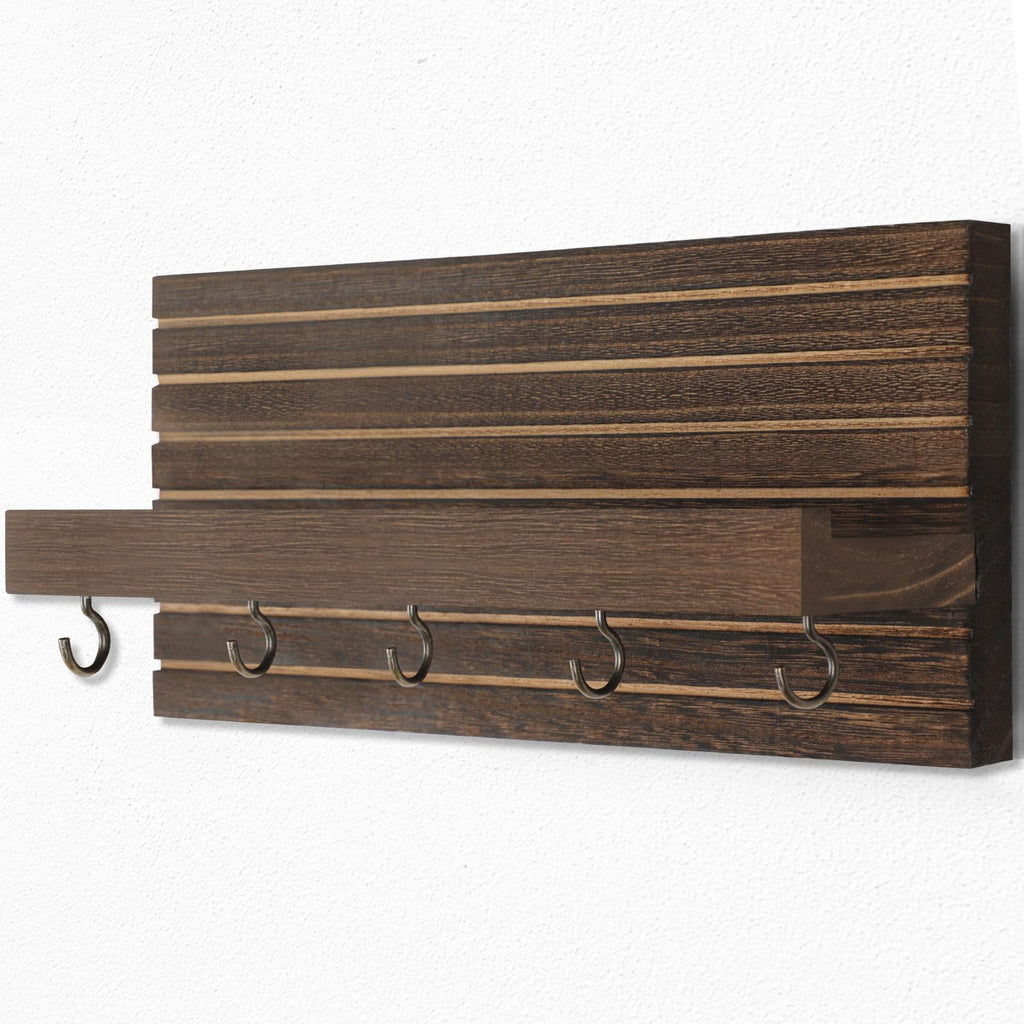 Decorative Key Holder for Wall with Shelf, Entryway Shelf with Hooks Holds Leashes, Jackets and Glasses – Sturdy Wood Keyholder Entrance Hanger with Mounting Hardware (Black, Medium)