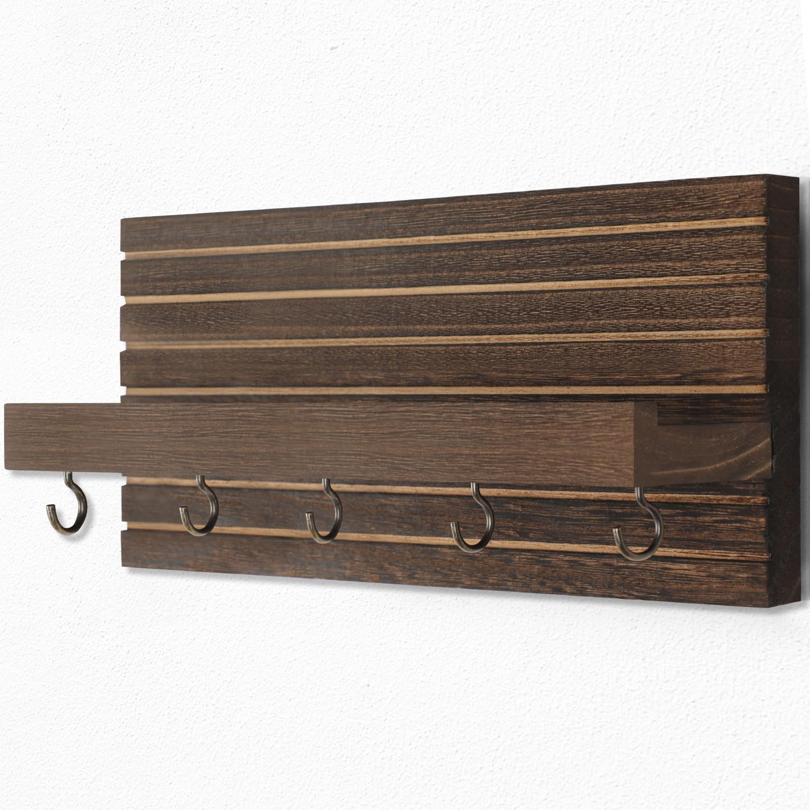 Decorative Key Holder for Wall with Shelf, Entryway Shelf with Hooks Holds Leashes, Jackets and Glasses – Sturdy Wood Keyholder Entrance Hanger with Mounting Hardware (Black, Medium)