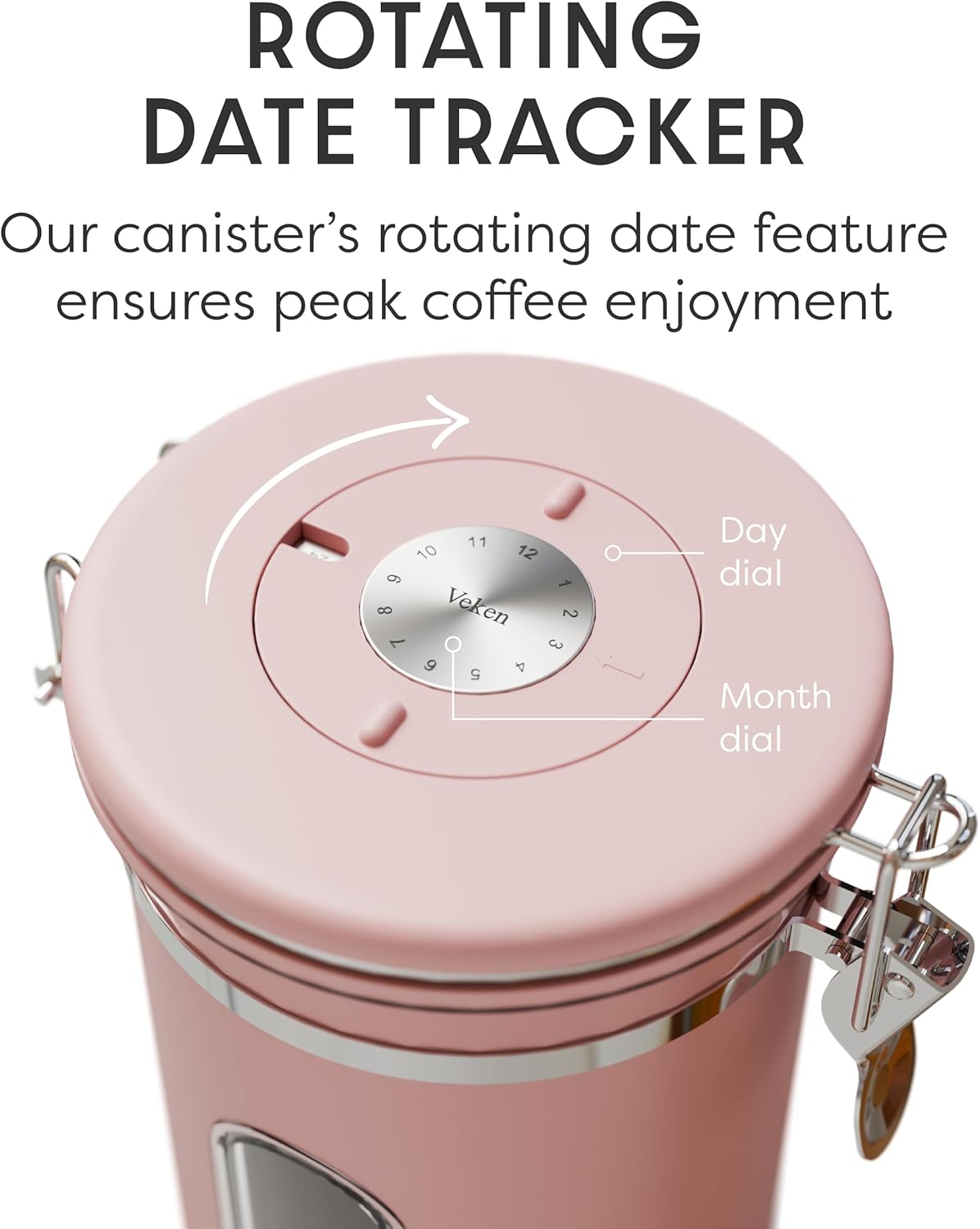 Veken Coffee Canister with Window,Airtight Stainless Steel Kitchen Food Storage Container, Date Tracker & Scoop for Grounds Coffee, Beans, Tea,Flour,Cereal,Sugar,22OZ,Copper