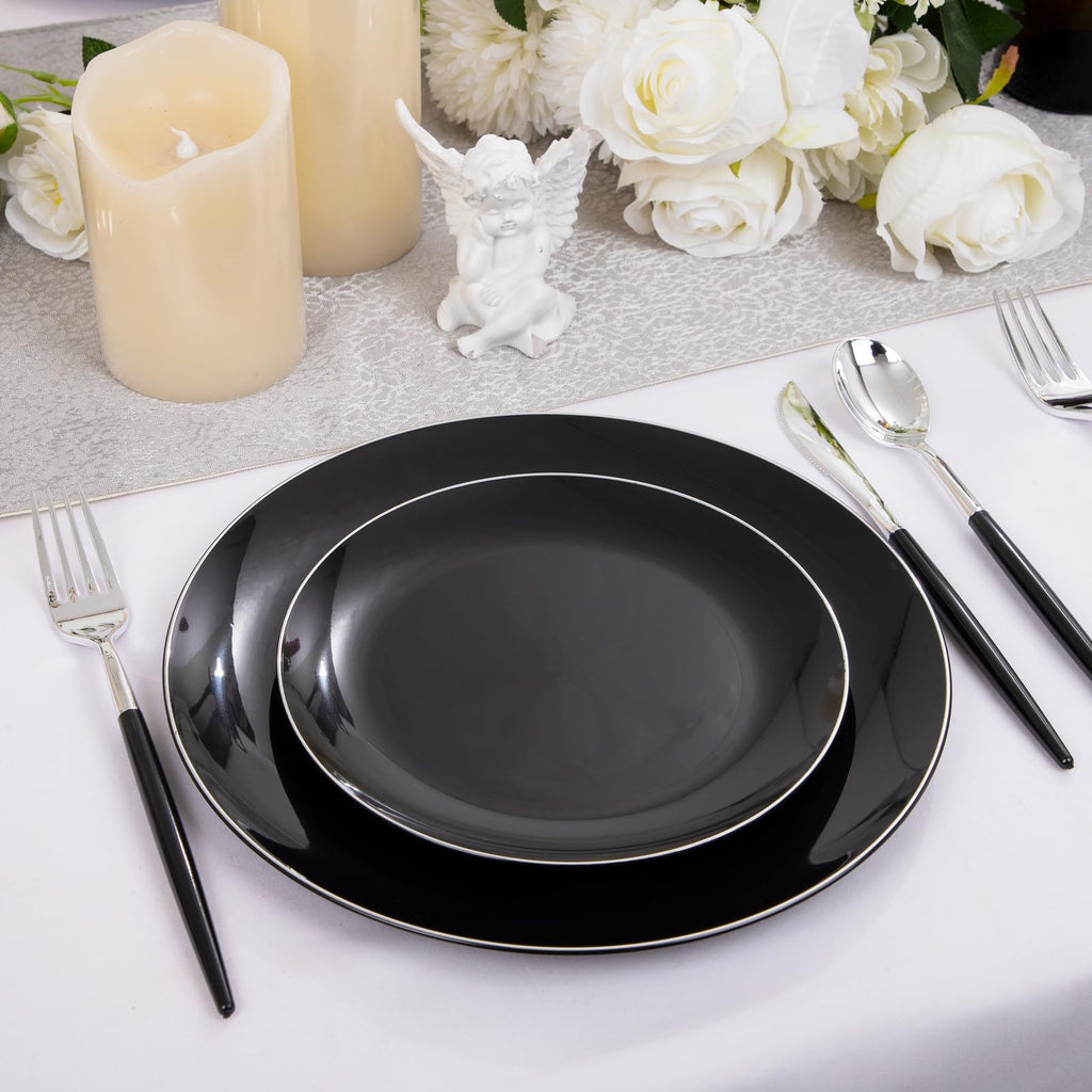 DaYammi 150Pcs Gold Plastic Plates with Disposable Silverware,White Gold Disposable Dinnerware Set - 30 Dinner Plate,30 Dessert Plate,90 Gold Cutlery with White Handles,Fancy Plates for Party Wedding