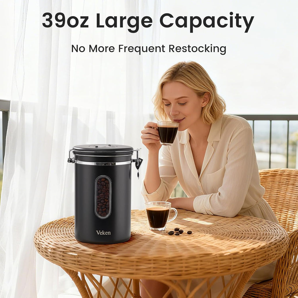 Veken Coffee Canister with Window,Airtight Stainless Steel Kitchen Food Storage Container, Date Tracker & Scoop for Grounds Coffee, Beans, Tea,Flour,Cereal,Sugar,22OZ,Copper