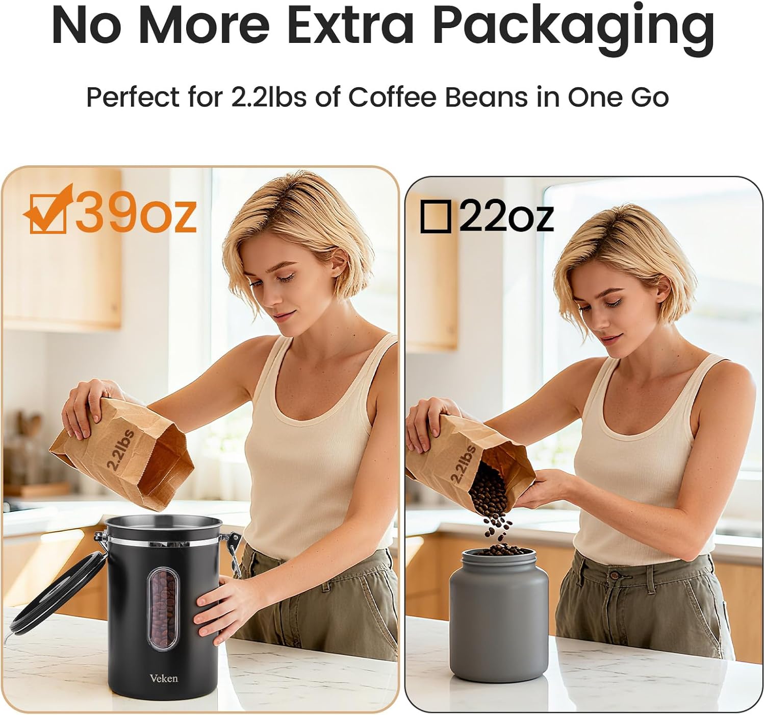 Veken Coffee Canister with Window,Airtight Stainless Steel Kitchen Food Storage Container, Date Tracker & Scoop for Grounds Coffee, Beans, Tea,Flour,Cereal,Sugar,22OZ,Copper
