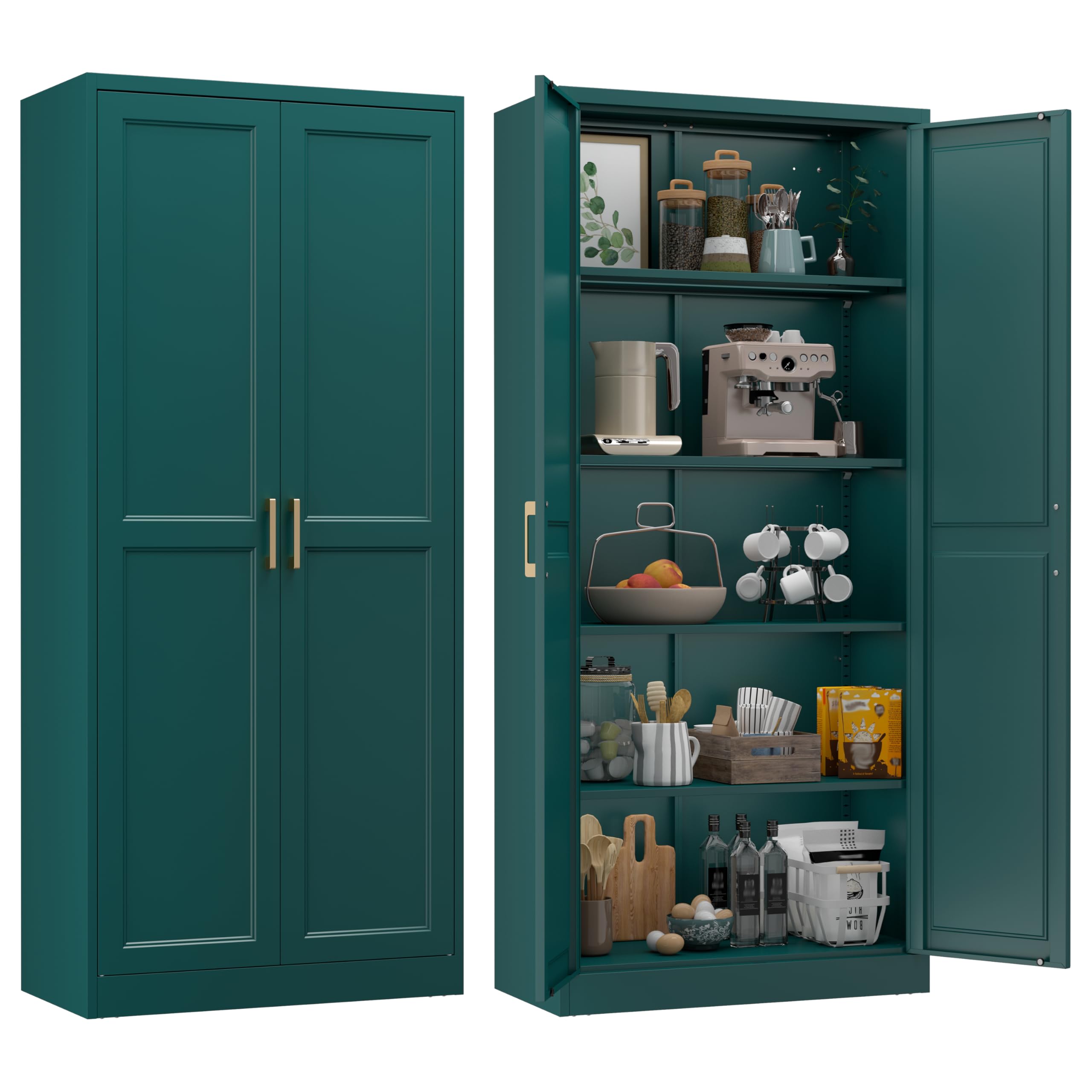 75" Tall Metal Kitchen Storage Cabinet,White Kitchen Pantry Storage Cabinet with Doors and 4 Adjustable Shelves,Utility Cabinet for Living Room,Garage,Dining Room and Office,Assemble Required