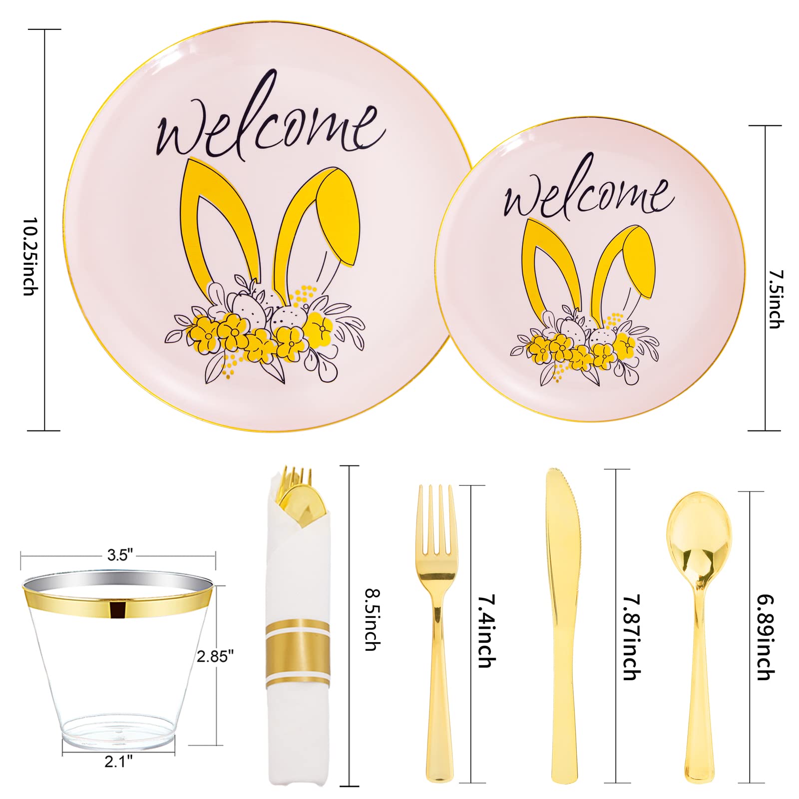 DaYammi 210Pcs White Gold Plastic Plates for Party,Gold Disposable Dinnerware Set Includes 60 gold Floral Plates,30 Plastic Silverware,30 Per Rolled Napkins,30 Cups for Mother's Day Party Wedding