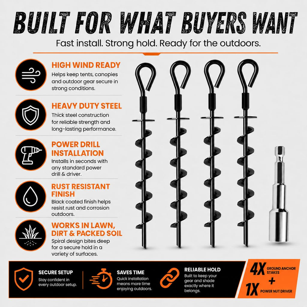 Ground Anchors Screw in Heavy Duty - 4 Pack with Power Nut Driver Drill Bit, Spiral Ground Stakes, Swing Set Anchors, Trampoline Tie Down Kit, High Wind Tent Stakes for Canopy, Car Port, RV Awning