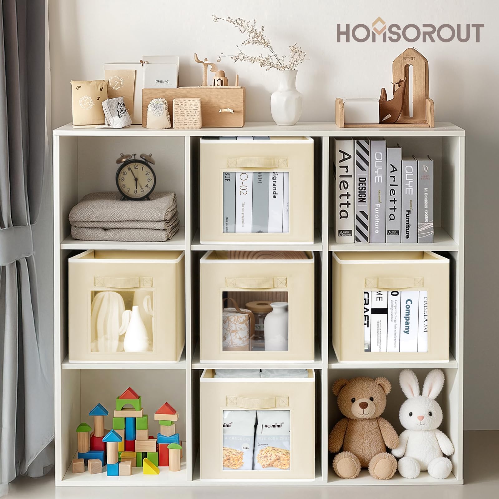 Homsorout Storage Cube 11 Inch - Cube Storage Bins with Window, Closet Storage Baskets with Handle, Fabric Bins for Closet, Shelves, Toys, Clothes, Set of 6, Grey