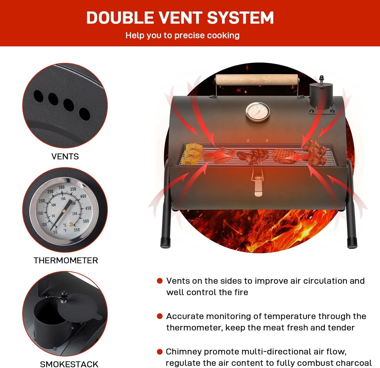 Vasitelan Portable Outdoor Tabletop Charcoal Grill Multi-functional Metal Small BBQ Smoker for Outdoor Hiking Picnic
