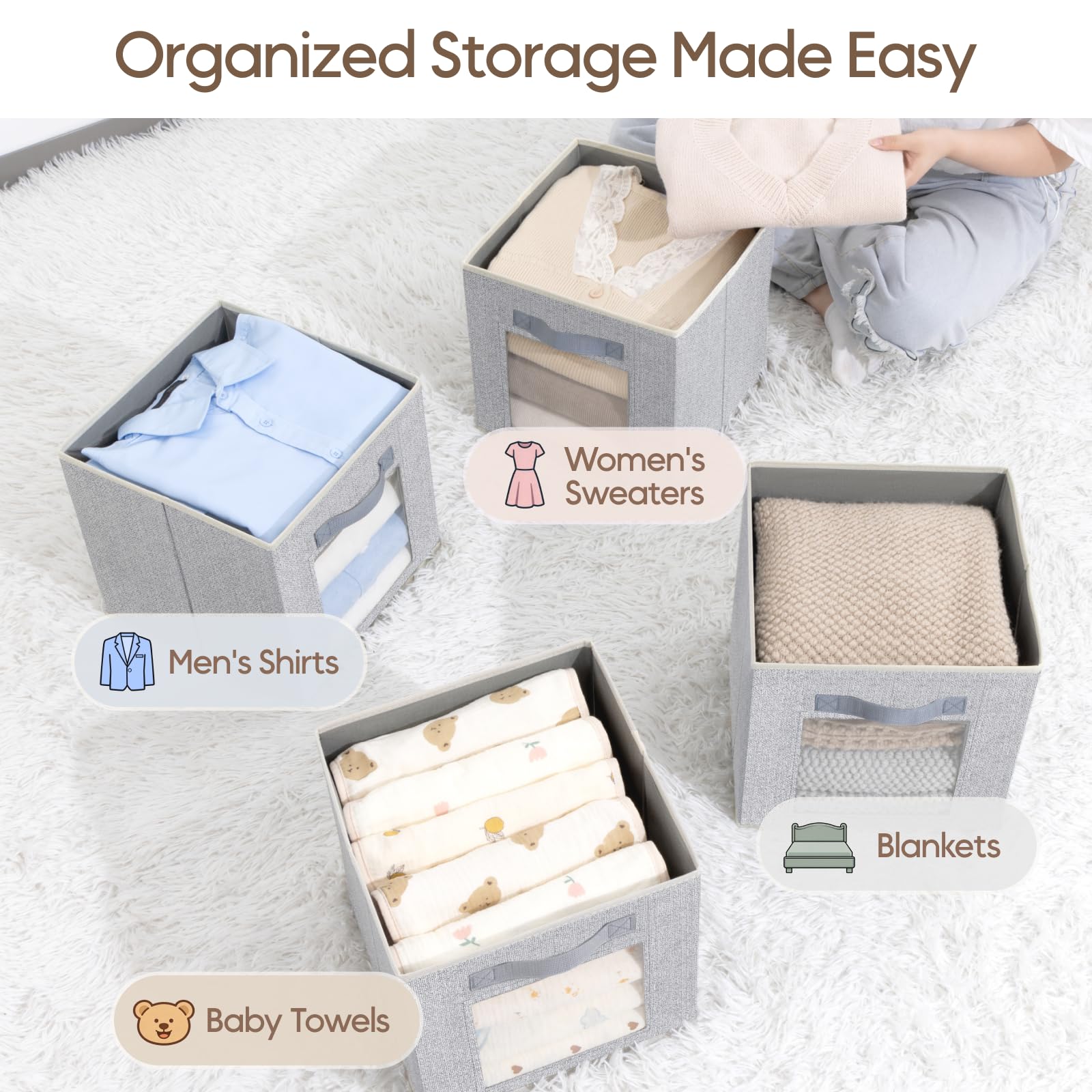 Homsorout Storage Cube 11 Inch - Cube Storage Bins with Window, Closet Storage Baskets with Handle, Fabric Bins for Closet, Shelves, Toys, Clothes, Set of 6, Grey