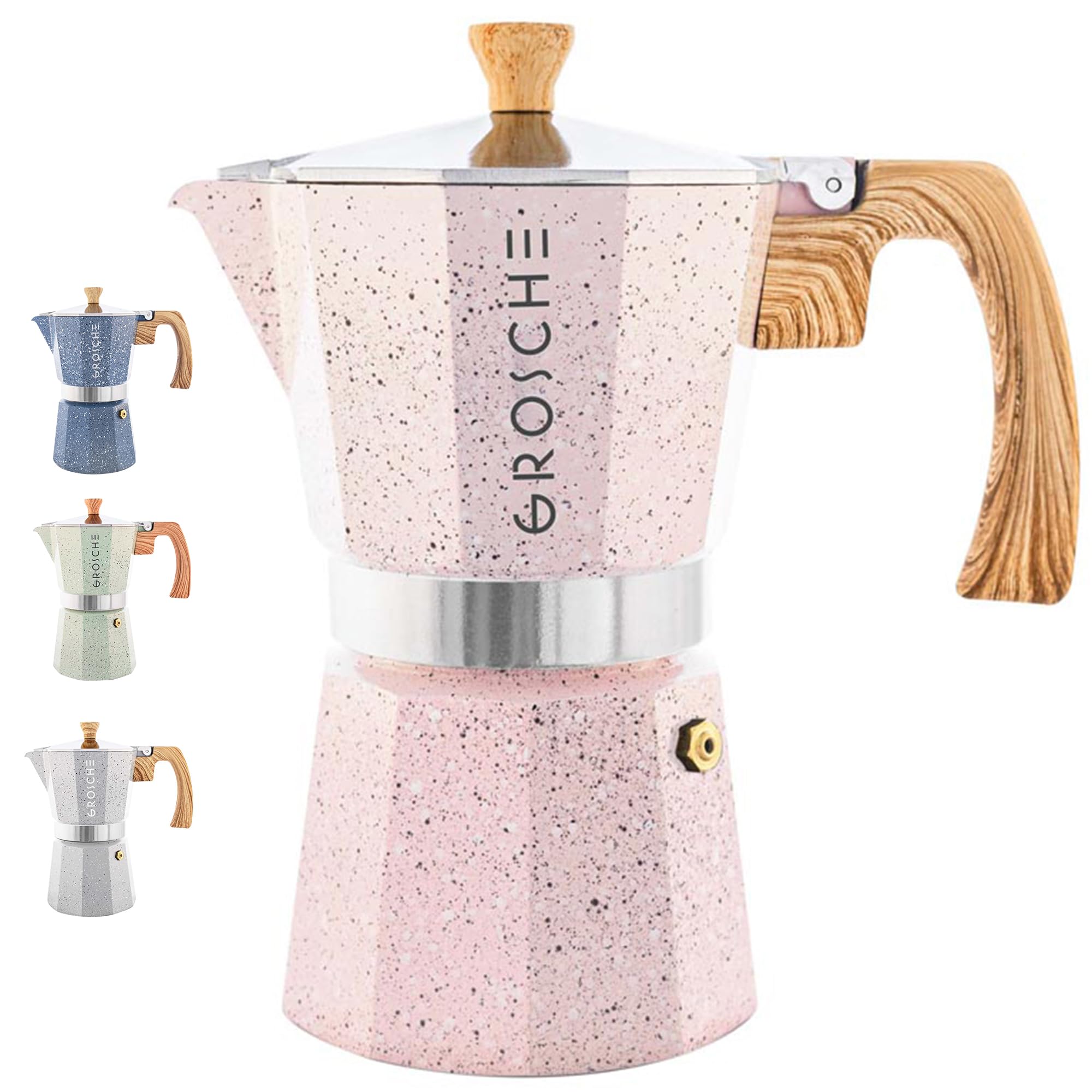 GROSCHE Milano Moka pot, Stovetop Espresso maker, Greca Coffee Maker, Stovetop coffee maker and espresso maker percolator (Grey, 6 cup)