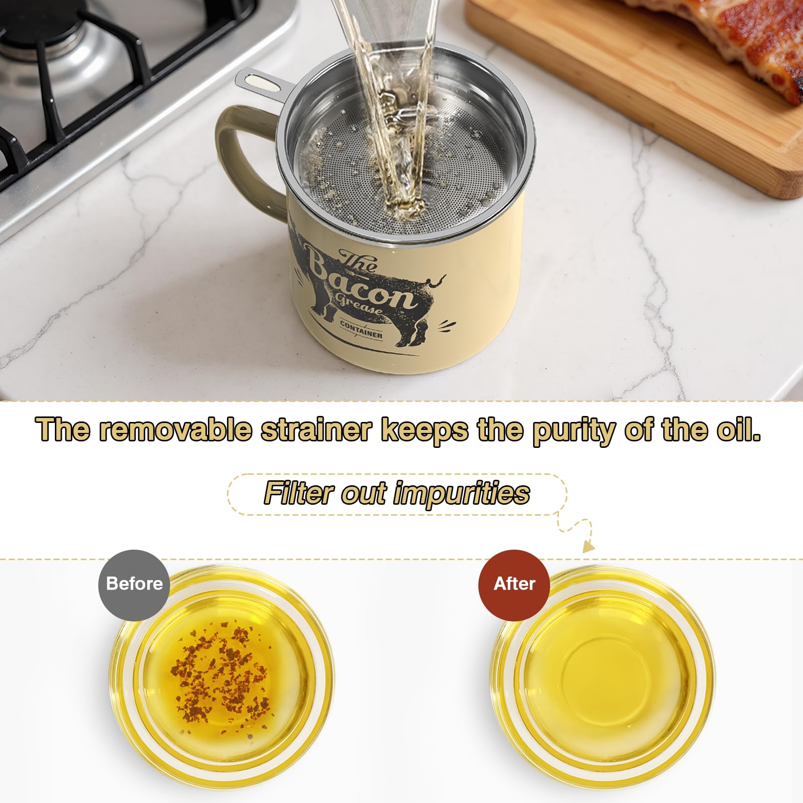 PGYARD Mini Bacon Grease Container With Strainer - 15OZ Enamel Grease Saver, Farmhouse Bacon Grease Keeper For Kitchen Fat Storage, Dishwasher Safe-Red