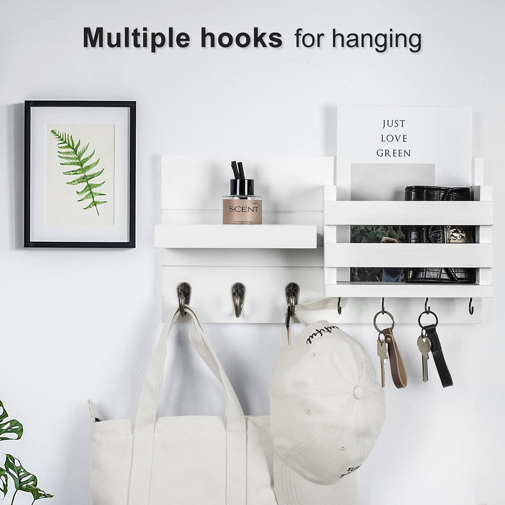 Mail Organizer for Wall Mount – Key Holder with Shelf Includes Letter Holder and Hooks for Coats, Dog Leashes – Rustic Wood with Flush Mounting Hardware (16.5” x 8.7” x 3.5”)