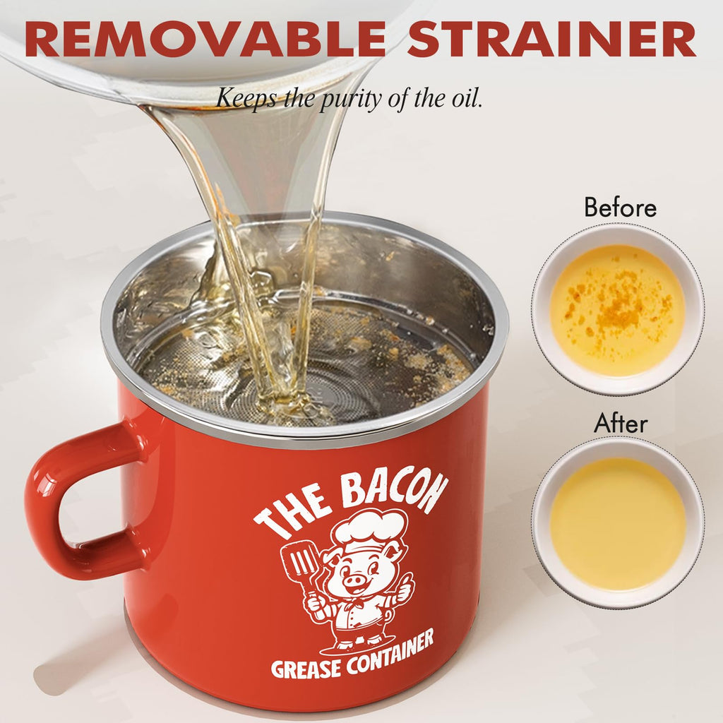 PGYARD Mini Bacon Grease Saver With Strainer - 15OZ Enamel Grease Container, Farmhouse Bacon Grease Keeper For Kitchen Fat Storage, Dishwasher Safe-Red