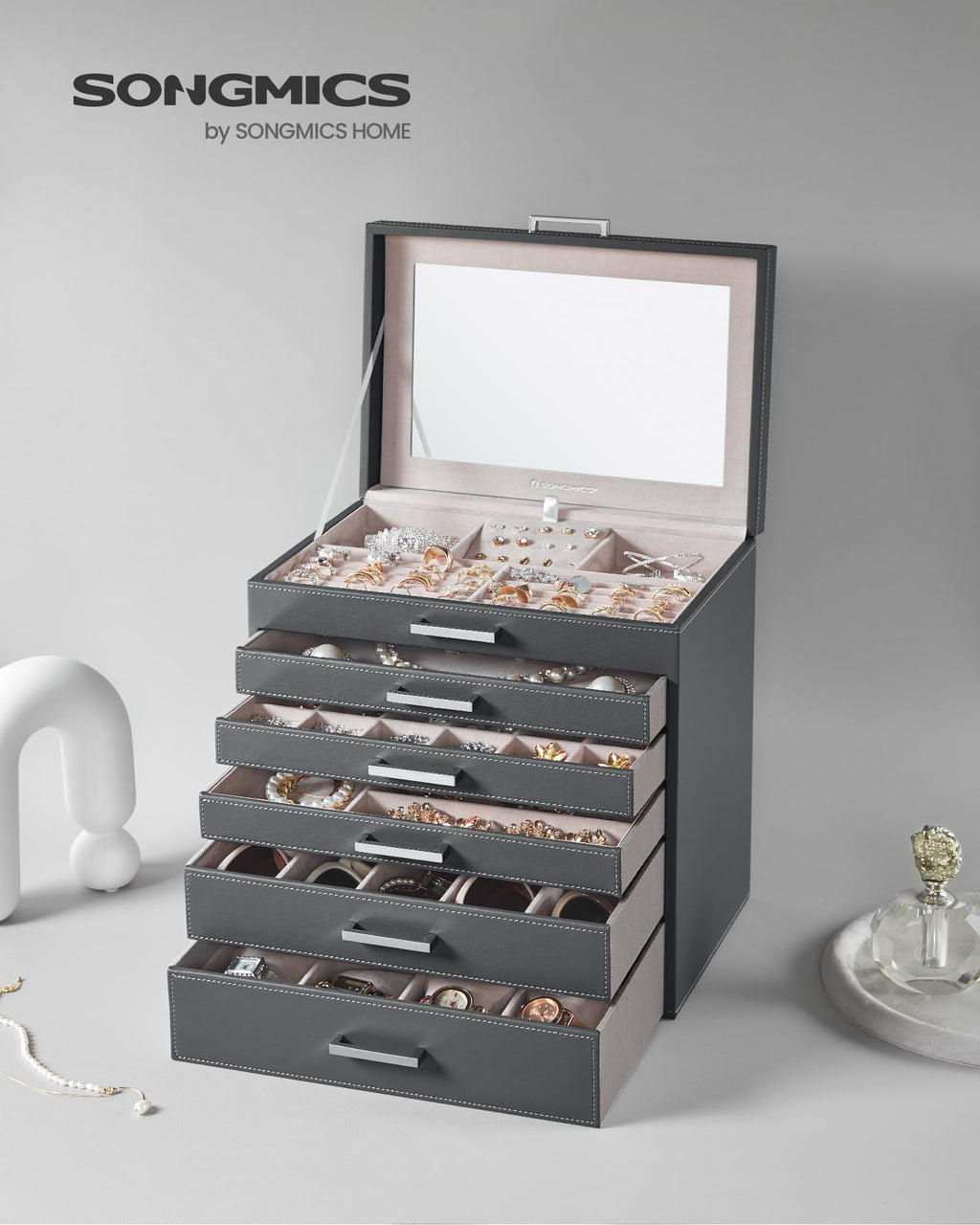 SONGMICS 3-Tier Jewelry Box, Travel Jewelry Case with Handle, 2 Drawers, Lockable Jewelry Organizer with Mirror, Jewelry Storage, Modern Style, Gift for Loved Ones, White UJBC154W01