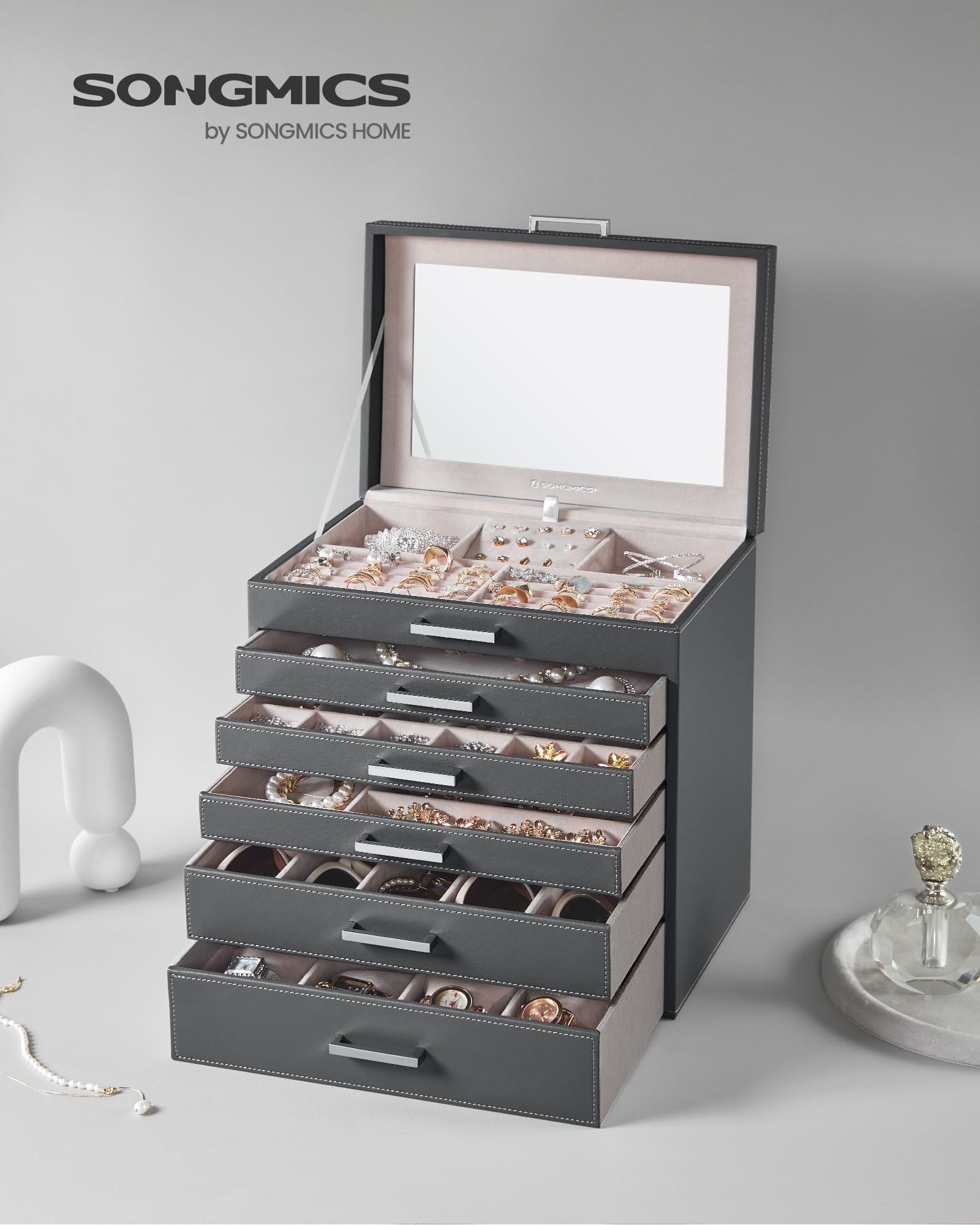 SONGMICS 3-Tier Jewelry Box, Travel Jewelry Case with Handle, 2 Drawers, Lockable Jewelry Organizer with Mirror, Jewelry Storage, Modern Style, Gift for Loved Ones, White UJBC154W01